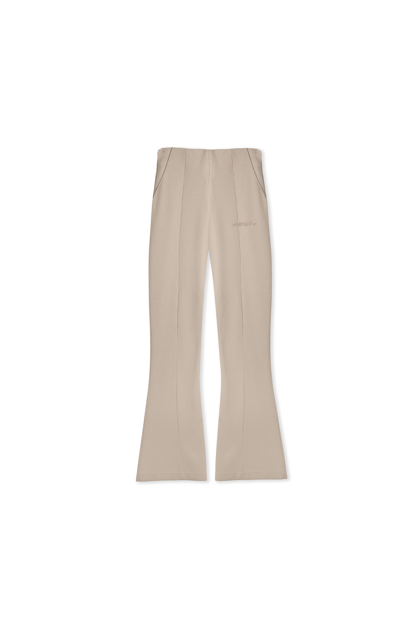 Front view of the beige waffle fit and flare joggers laid flat to show the shape