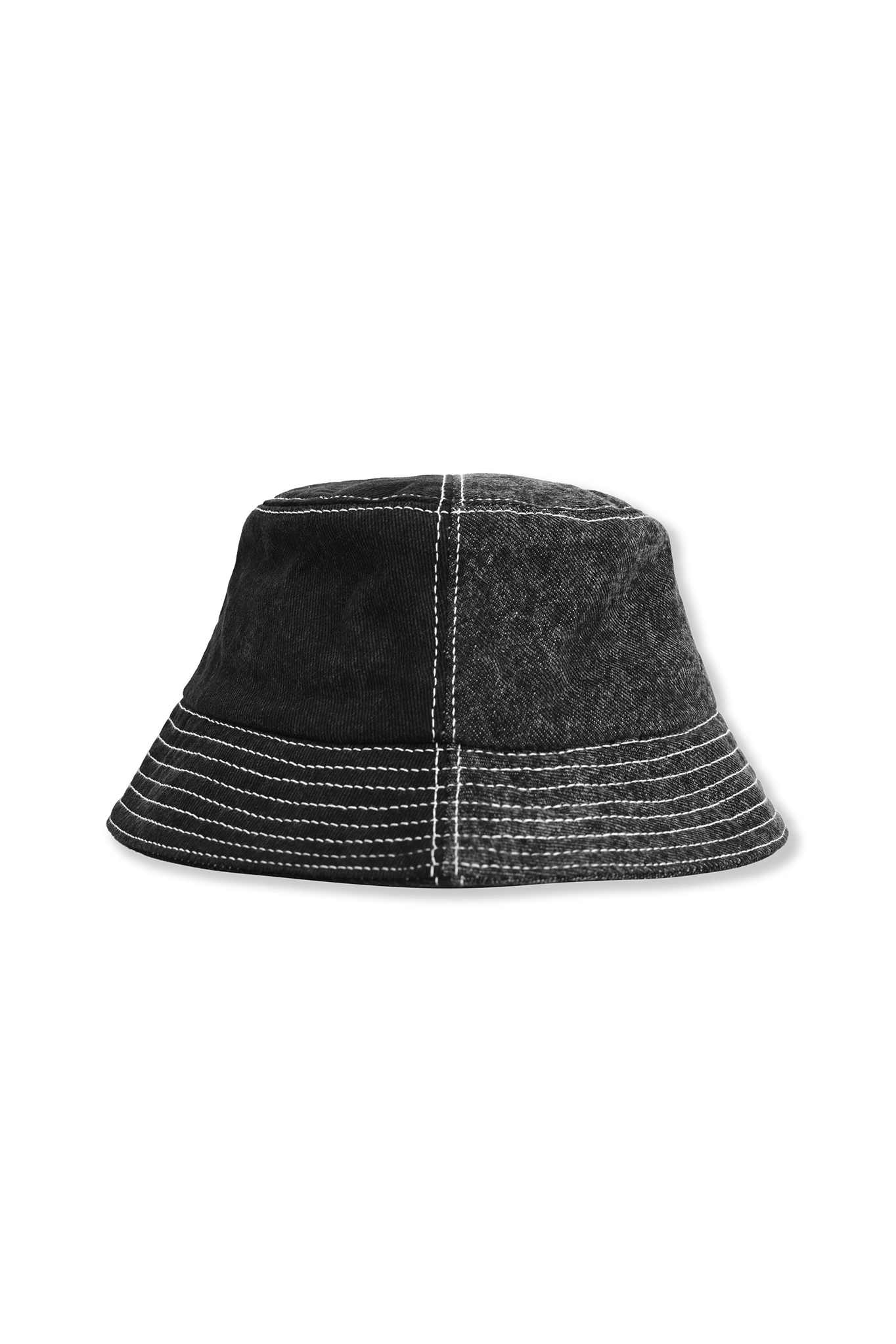 Side view of the black acid wash bucket hat laid flat to show its shape