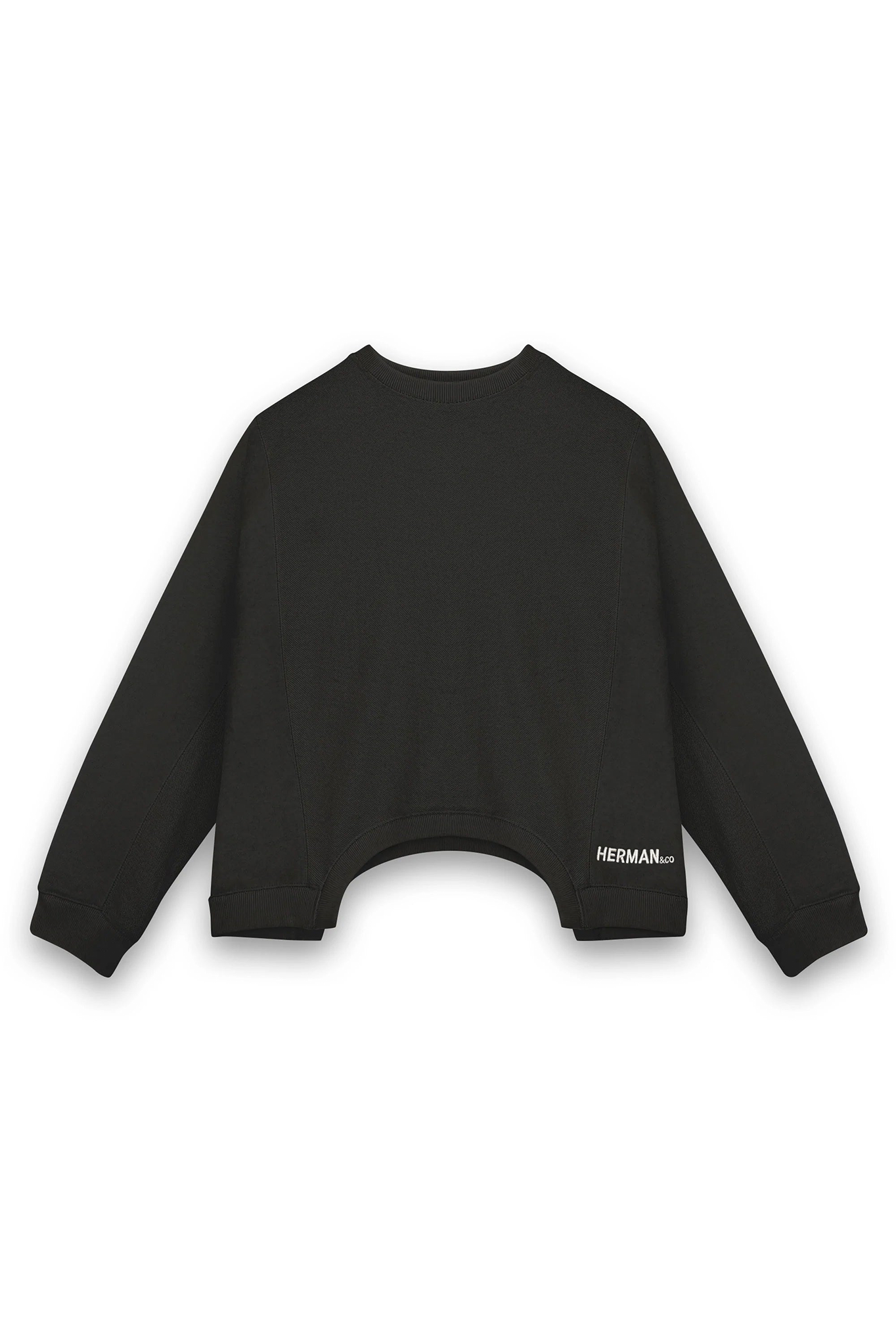 Front view of the men's black cropped crew neck jumper laid flat.