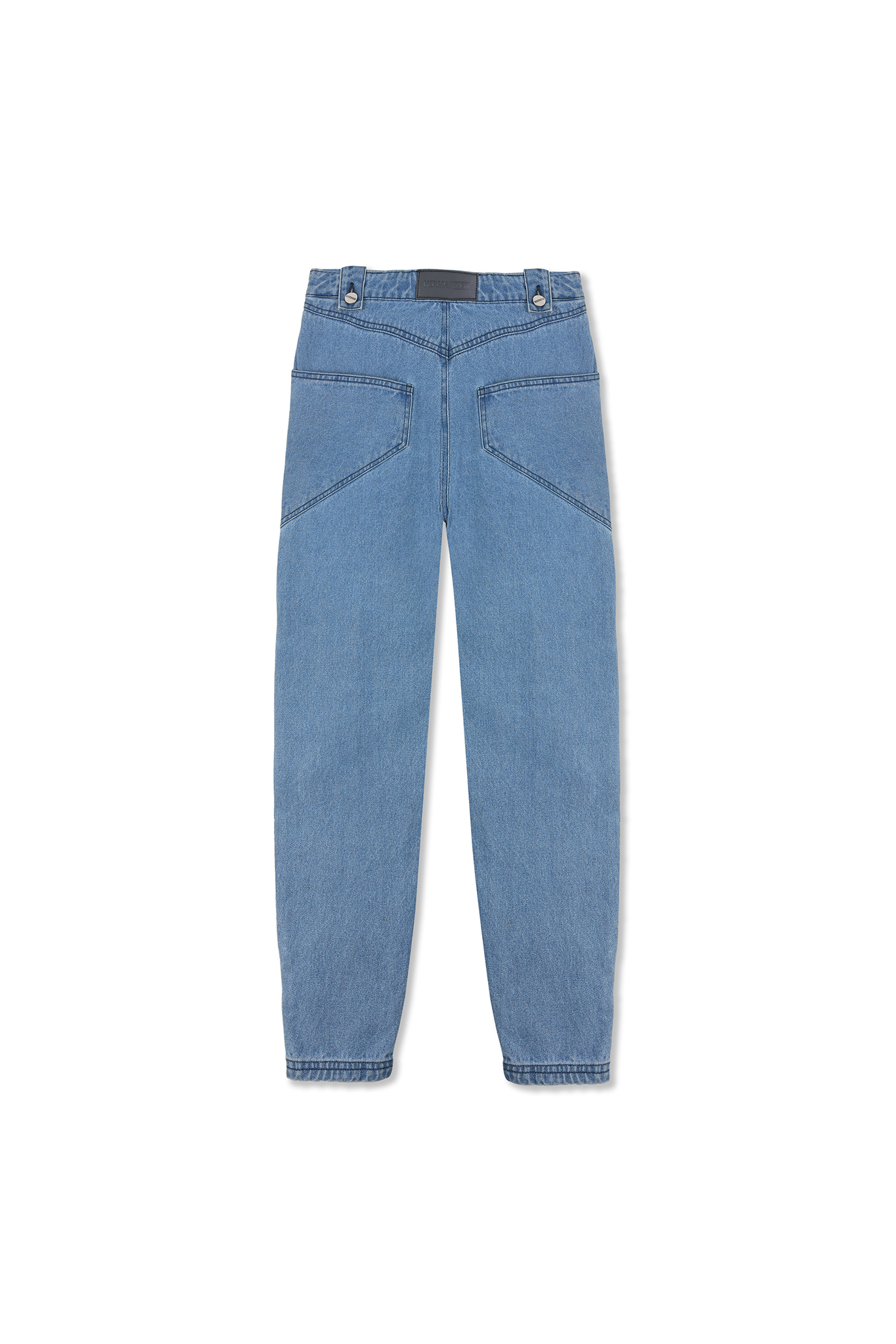 Back view of the women's blue cargo jeans laid flat.