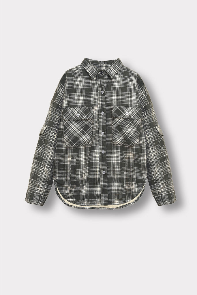Front view of the women's dark green check shirt laid flat.