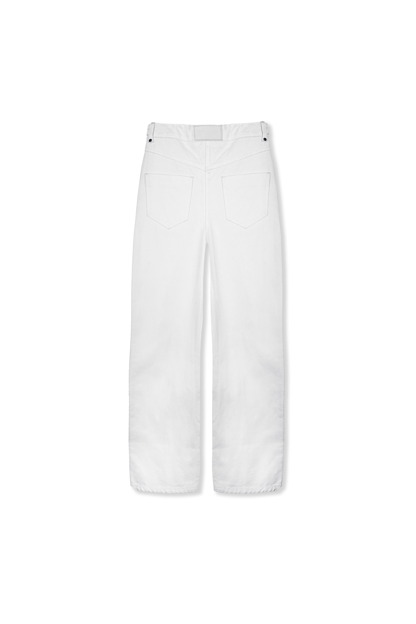 Back view of the distressed white wide-leg jeans laid flat.