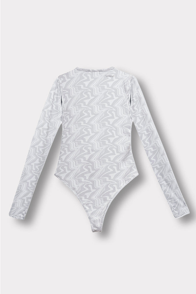 Back view of the grey printed cut-out bodysuit laid flat.