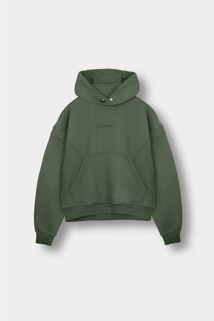 Flat lay front view of essential mens dark green hoodie