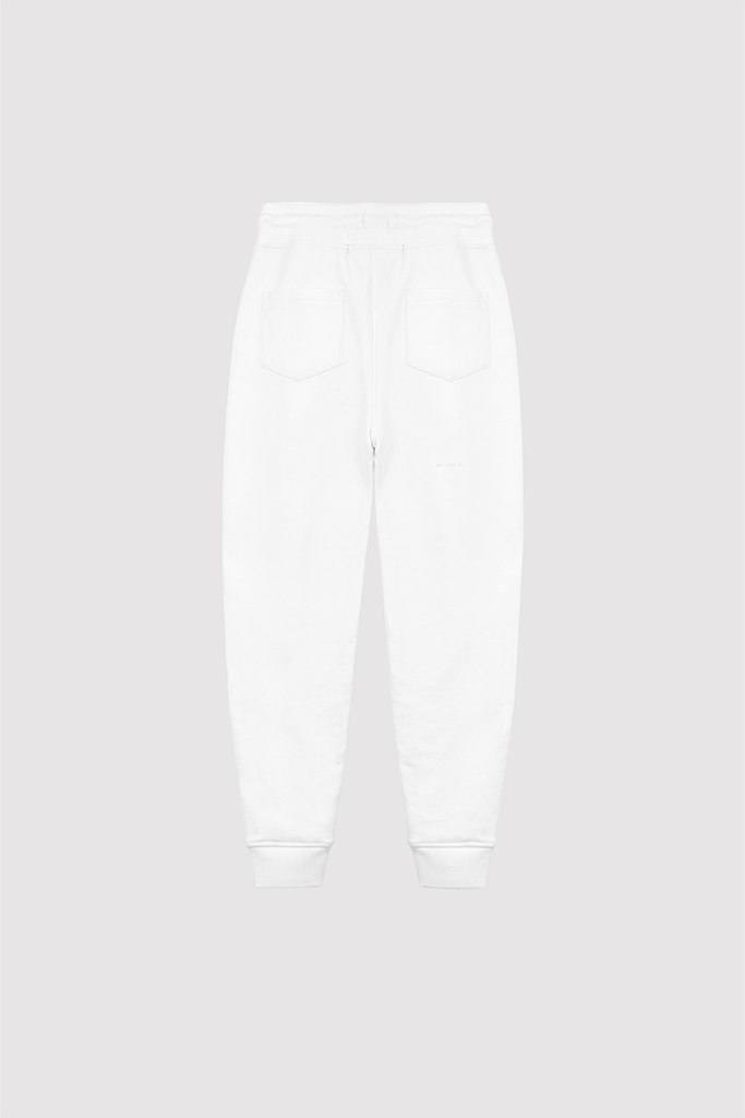 Back view of the men's tapered joggers in white, laid flat.