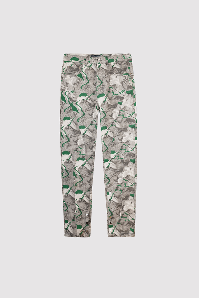 Front view of the psychedelic printed women's jeans laid flat.