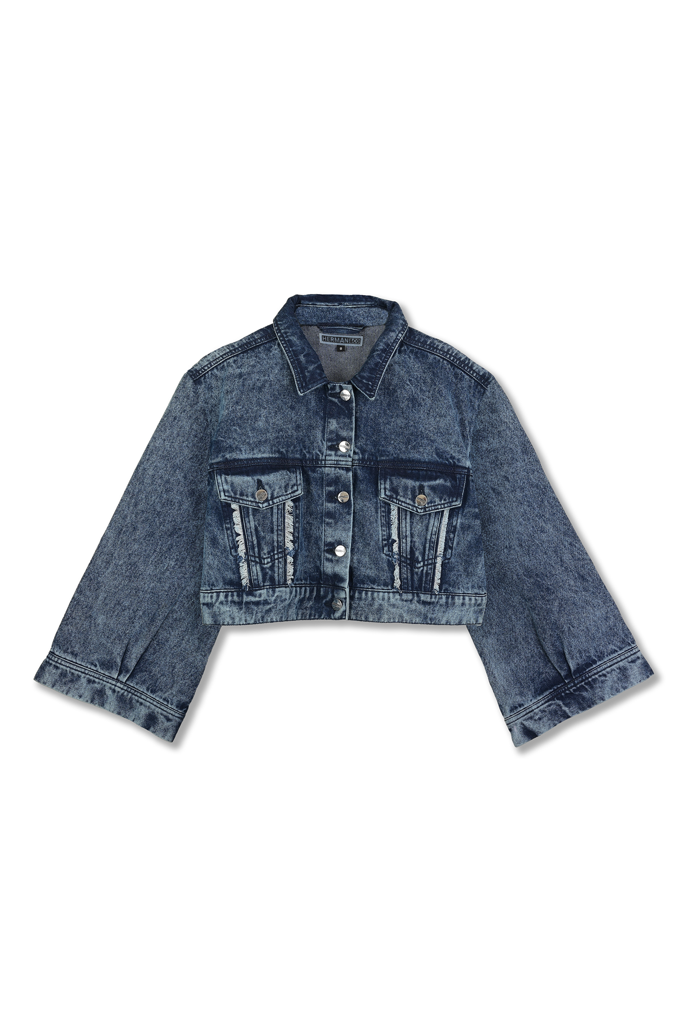 Front view of the two-tone denim crop jacket laid flat.