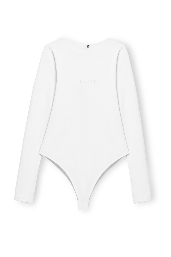 Back view of the white long-sleeve thong bodysuit, laid flat.