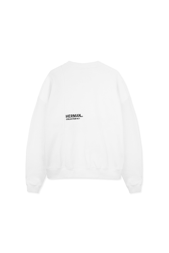 Back flat lay view showing the bold back logo on white fleece crewneck sweatshirt