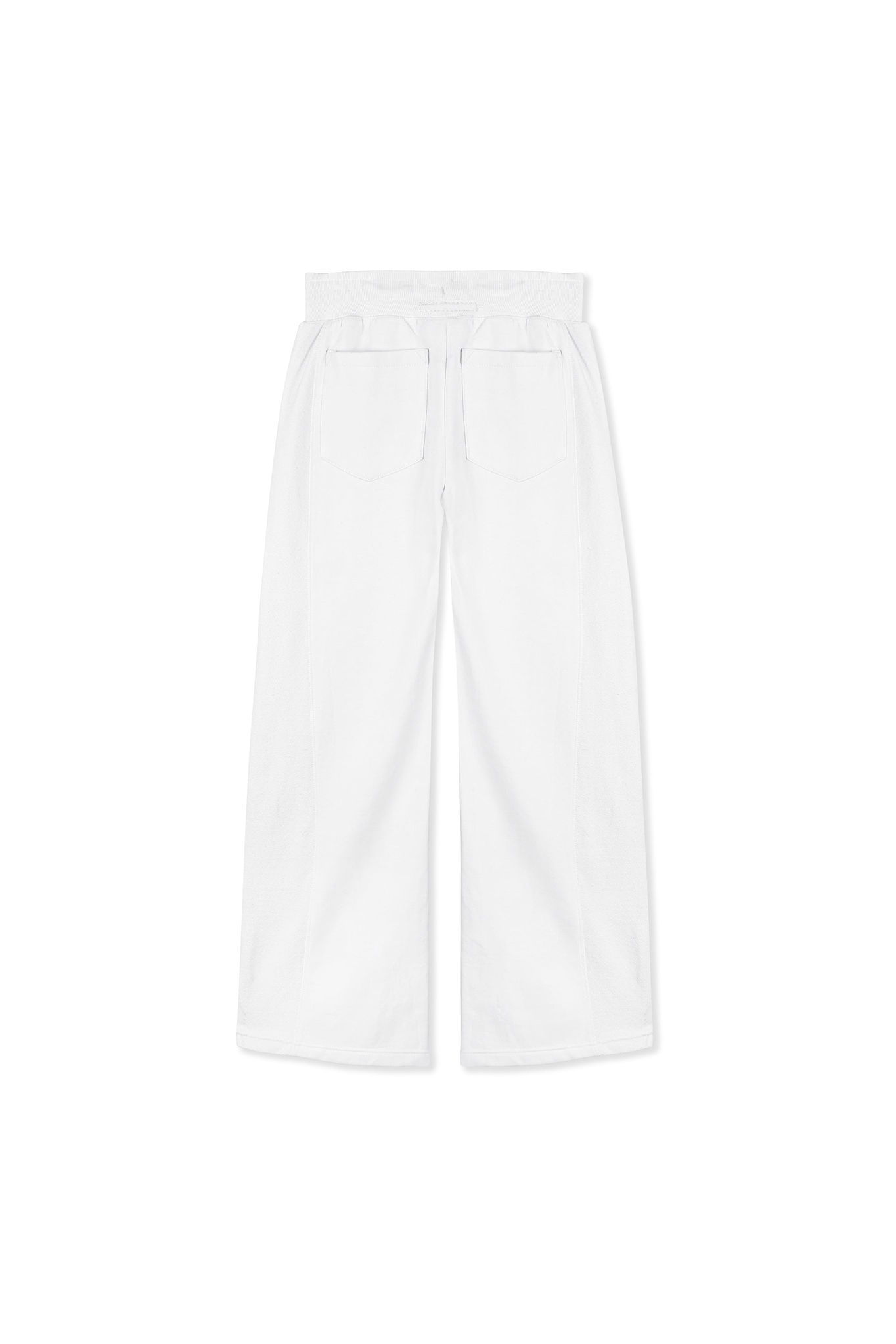 Back view of the women's white wide-leg joggers laid flat.