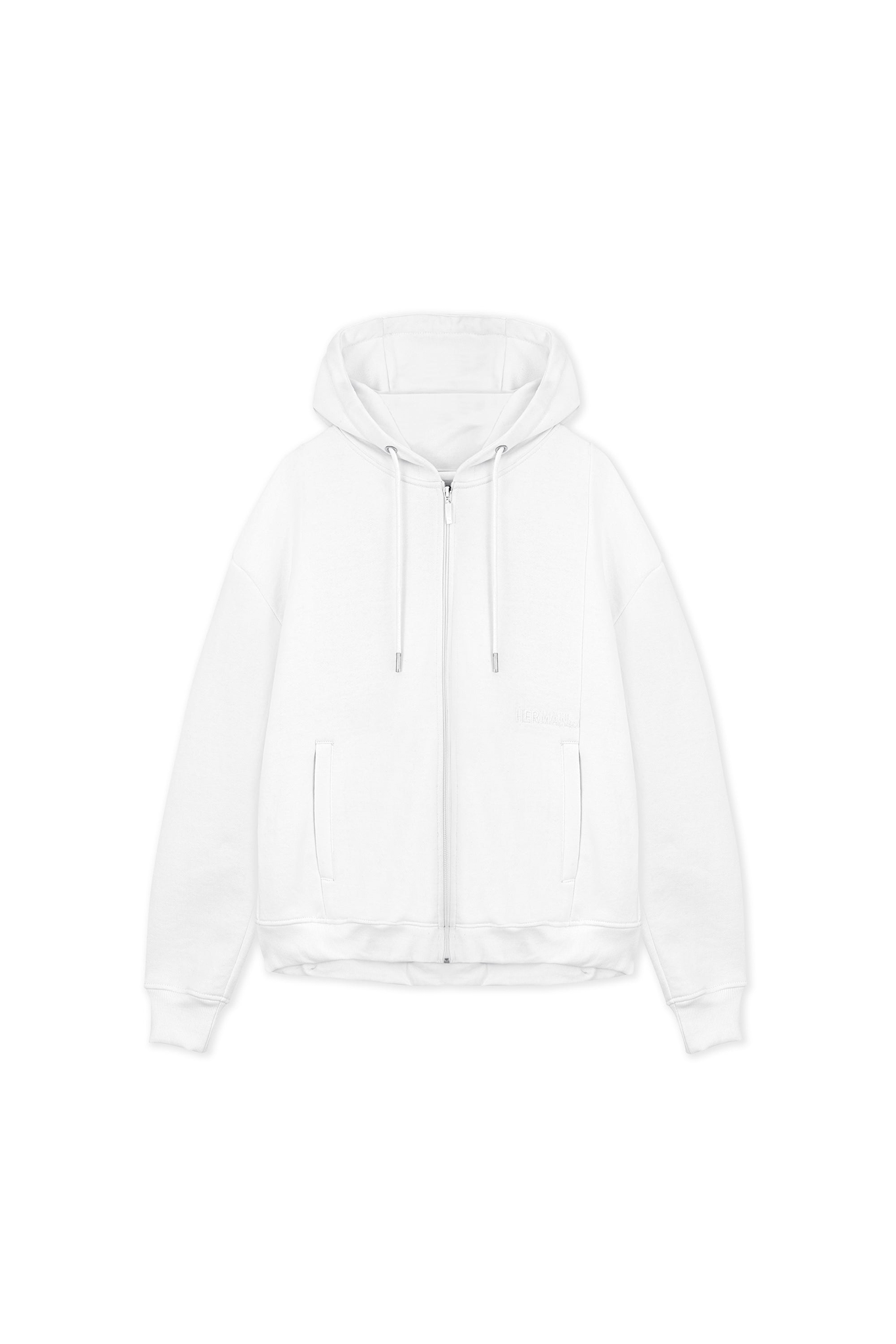 Front view of the women's white zip-up hoodie laid flat.