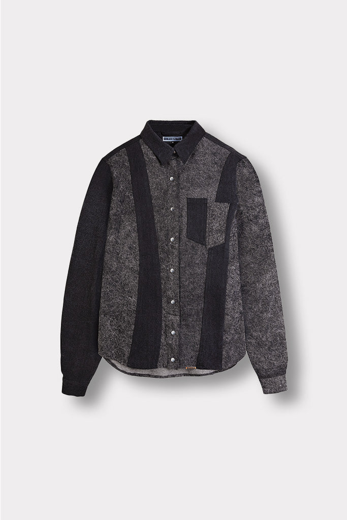 Women's black acid wash denim shirt with contrast panels, laid flat.