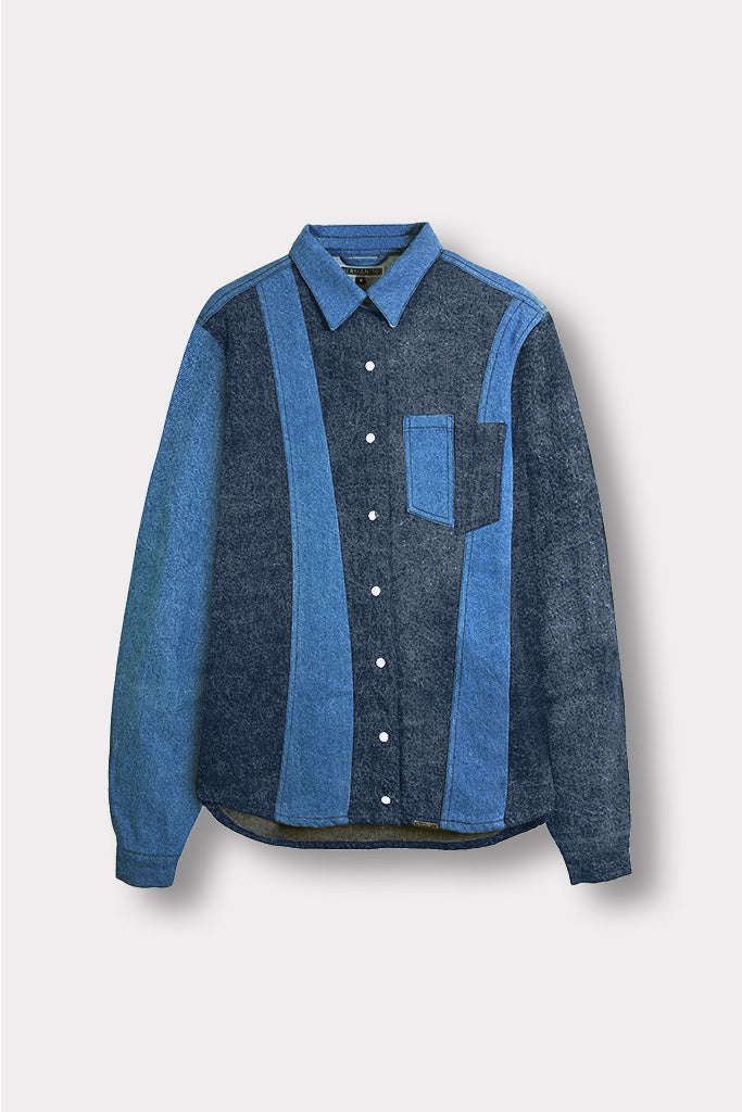 Women's blue acid wash denim shirt with contrast panels, laid flat.