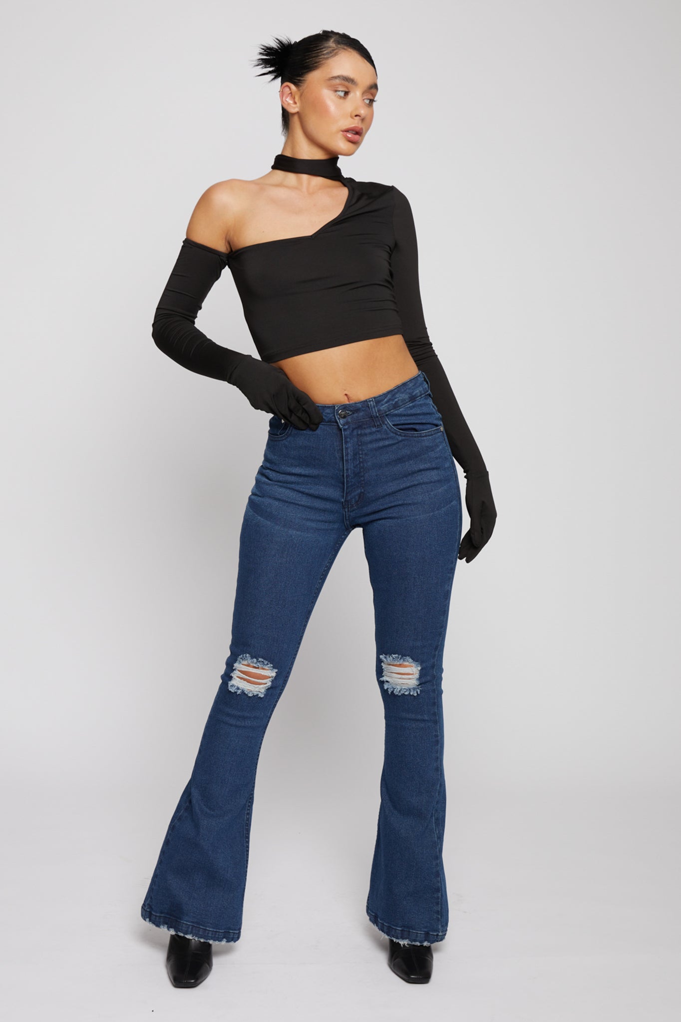 Distressed Denim Fit and Flare Jean - Dark Wash