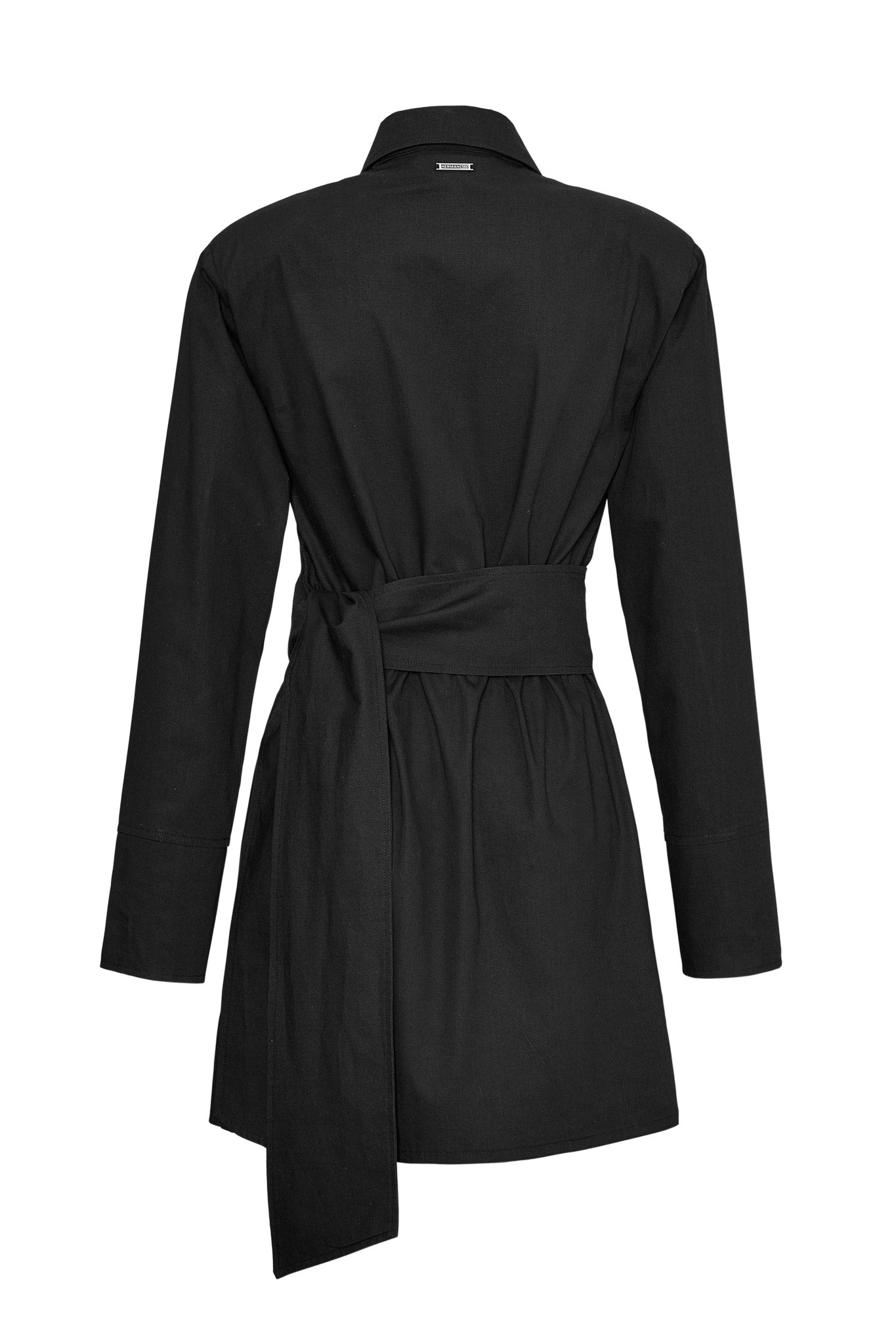 Back view of the asymmetric long-sleeve shirt dress laid flat.