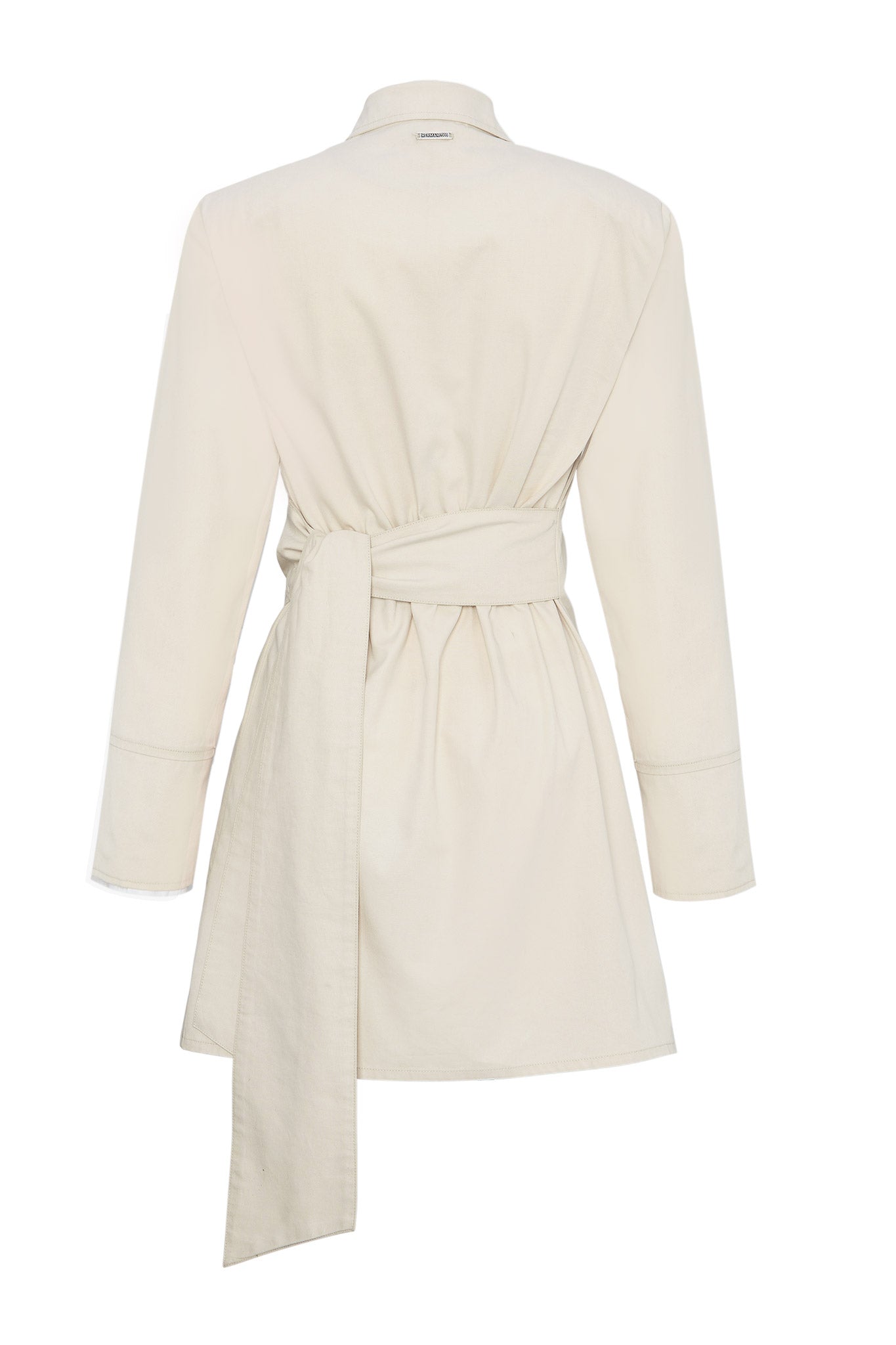 Back view of the asymmetric shirt for women in beige, laid flat.