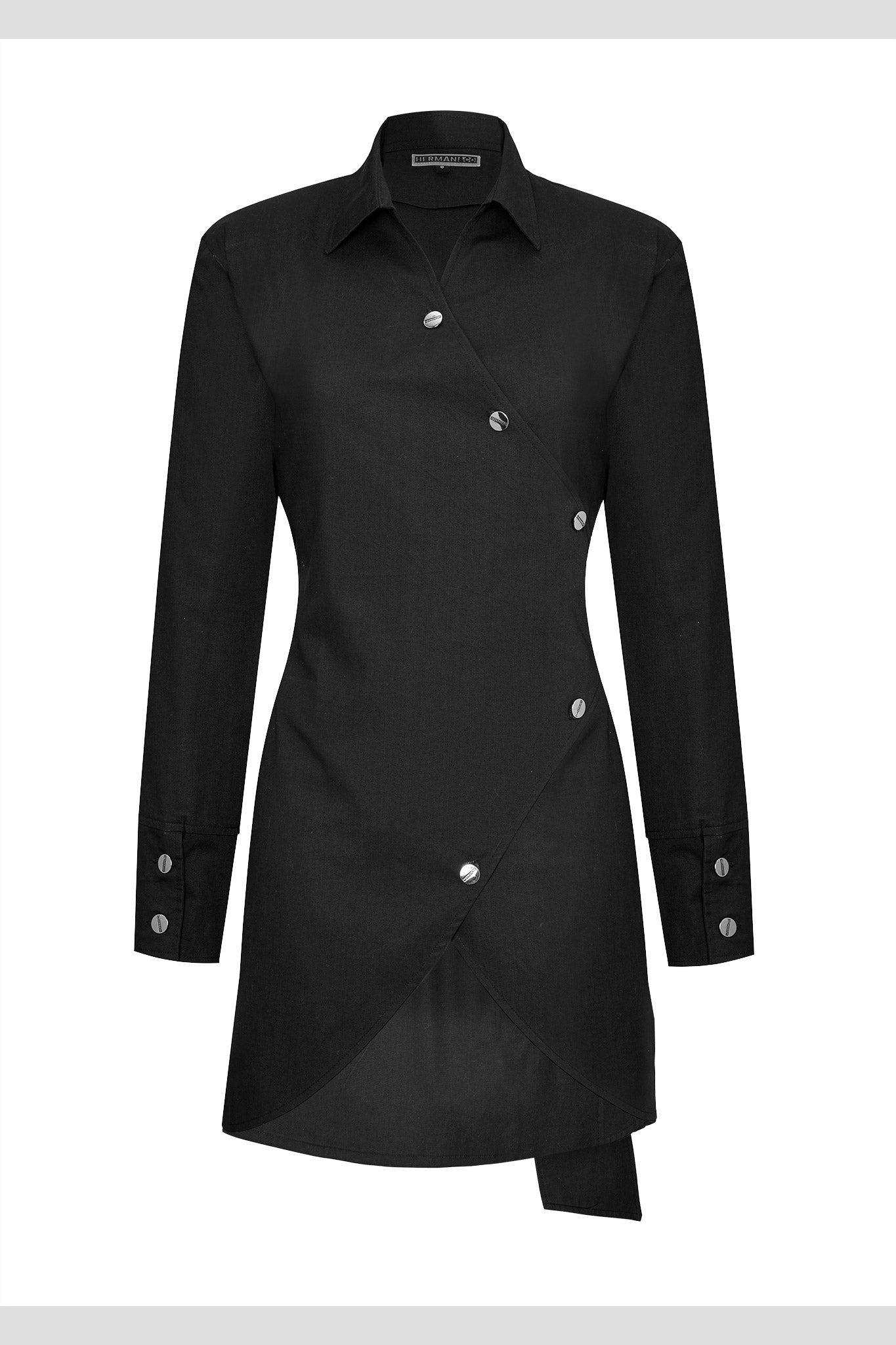 Front view of the black asymmetric shirt dress laid flat.