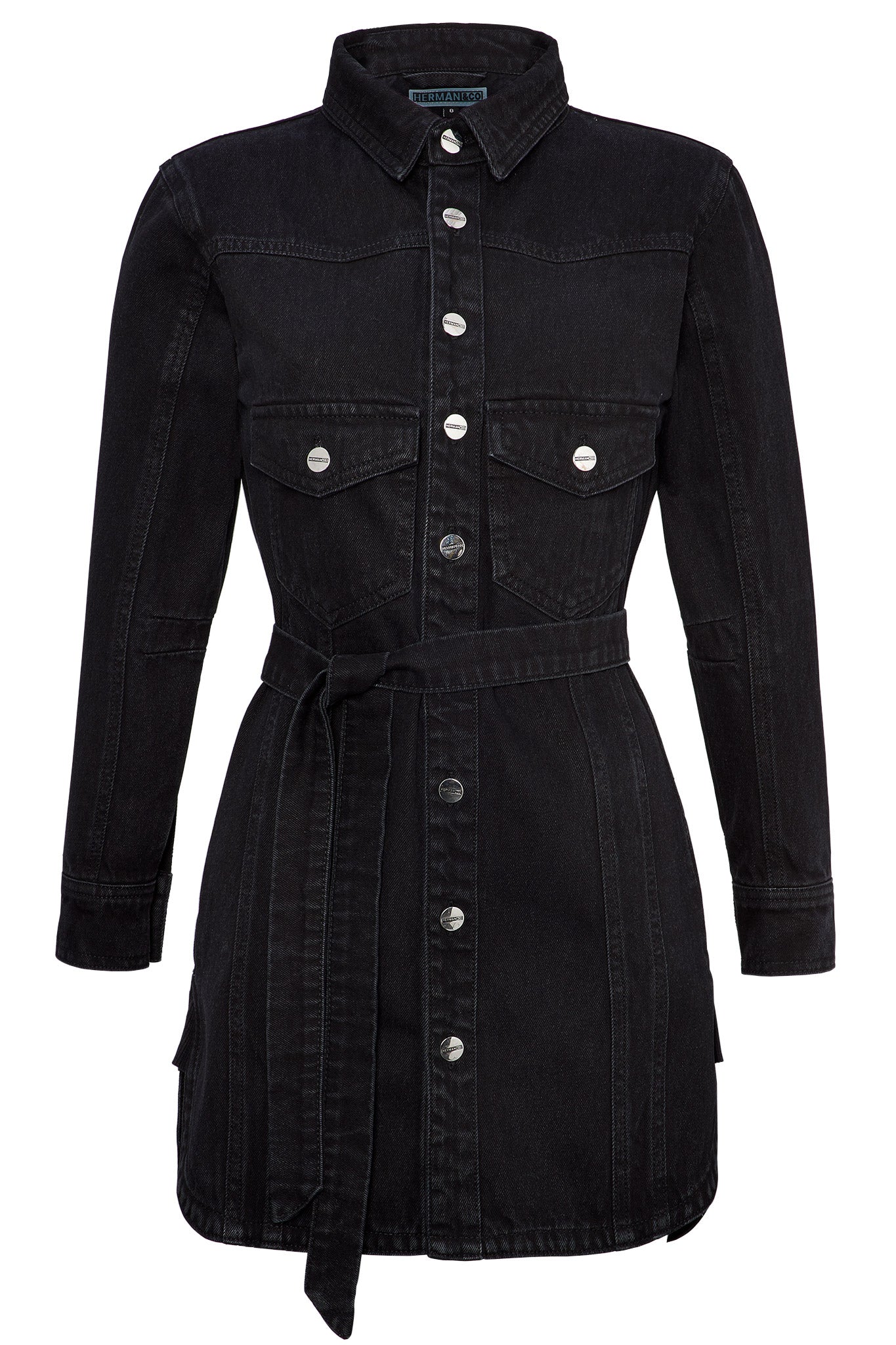 Front view of the black denim dress with belt laid flat