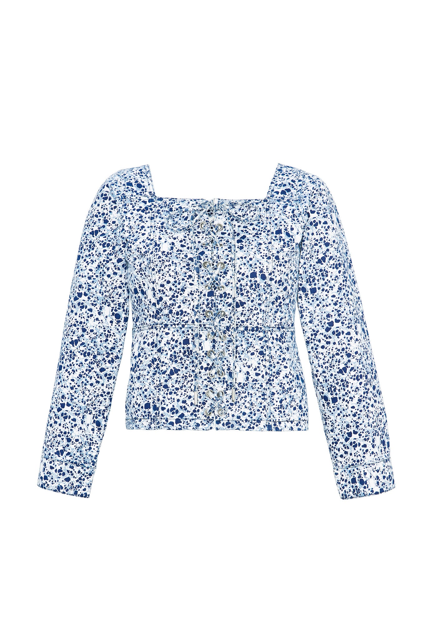 Front view of the blue and silver marble print top laid flat.