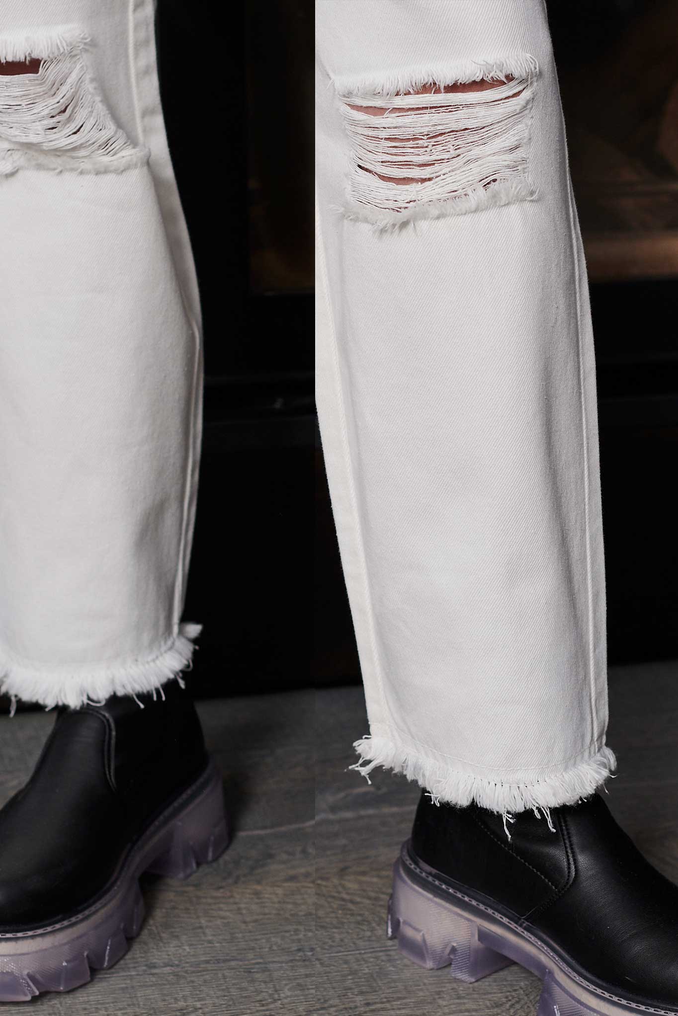 Close-up of the frayed hem and distressed knee detail on the off-white jeans.