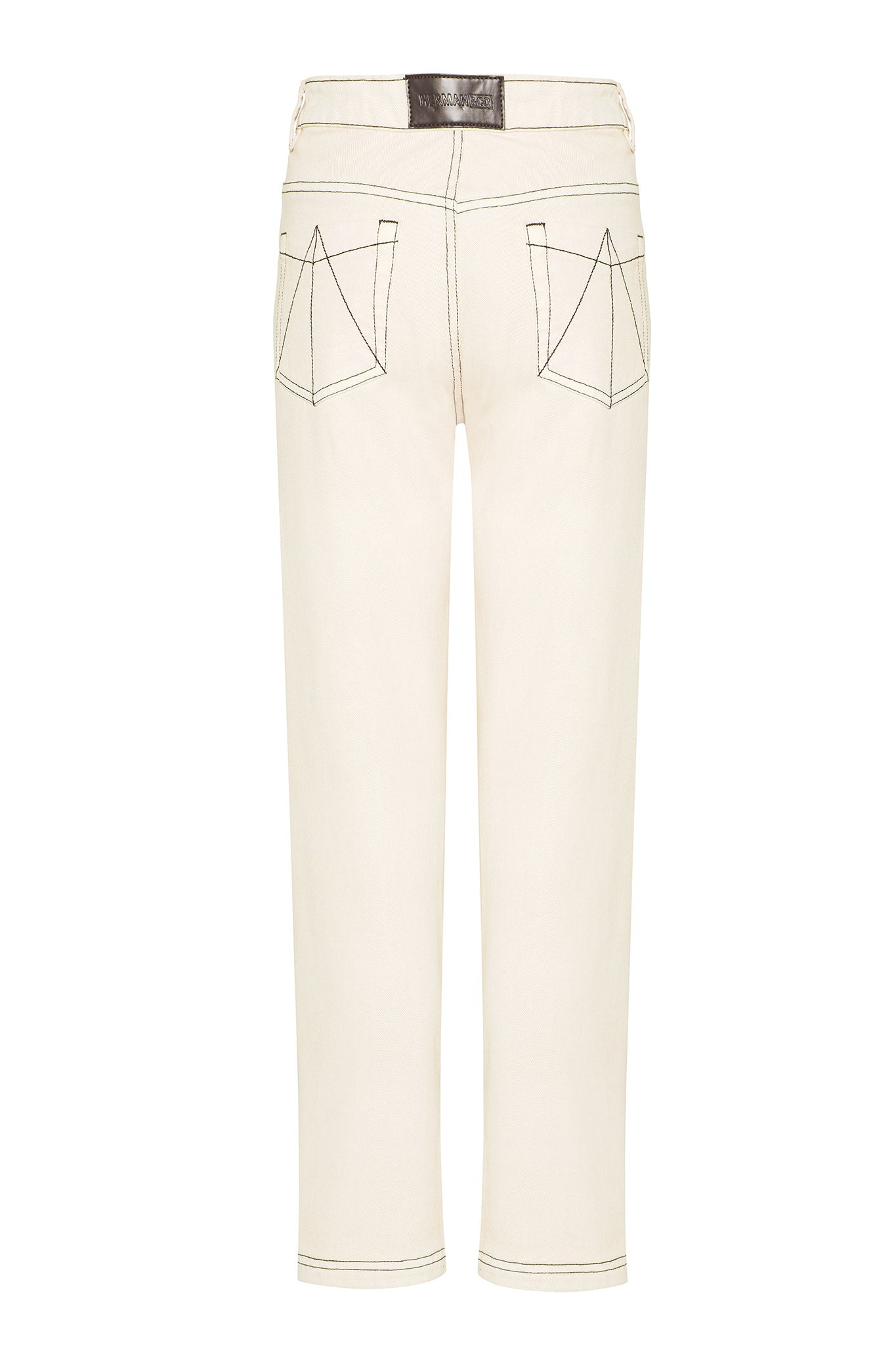 Back view of the ecru straight leg jeans laid flat