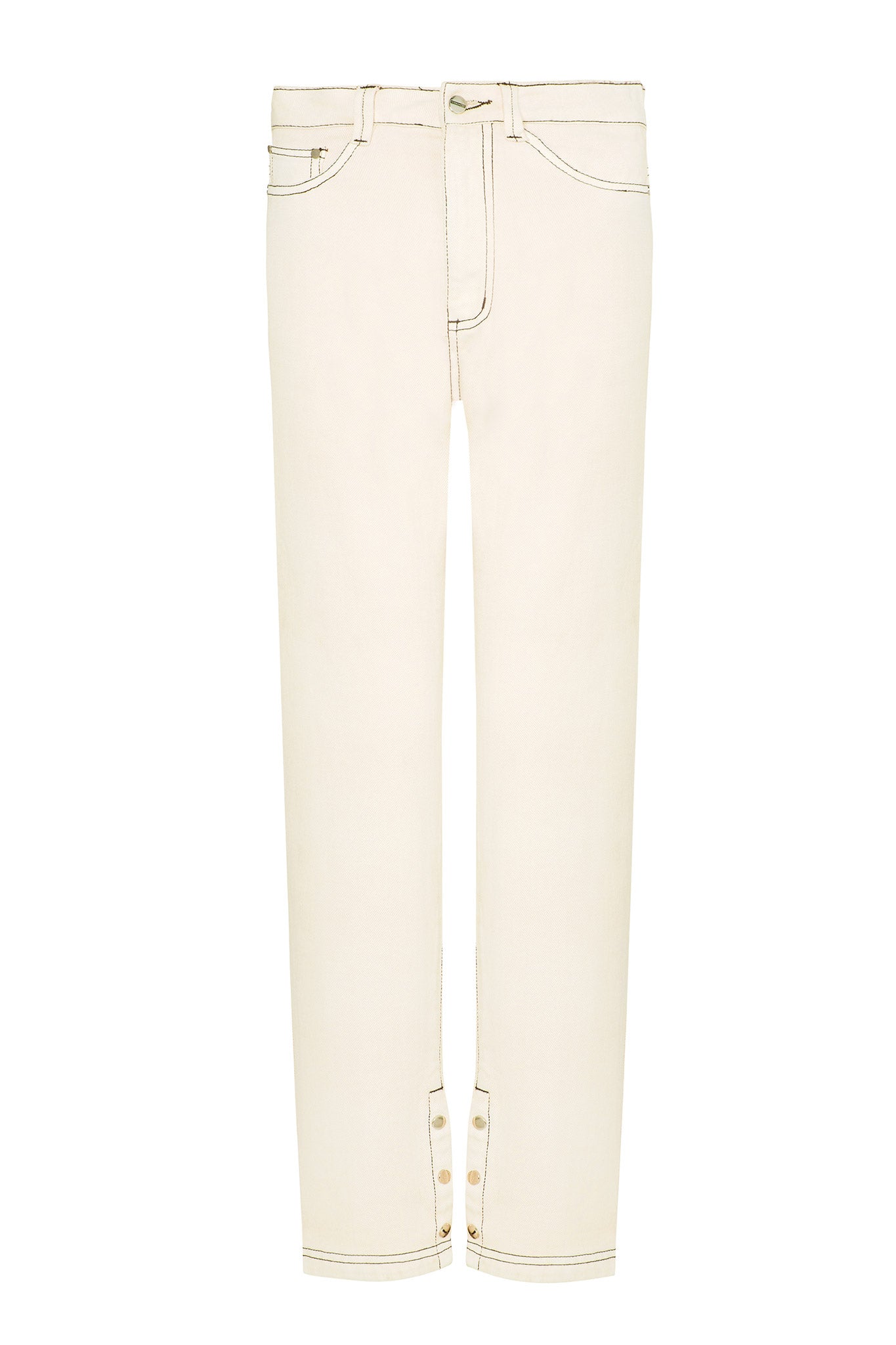 Front view of the ecru wash straight leg jeans laid flat