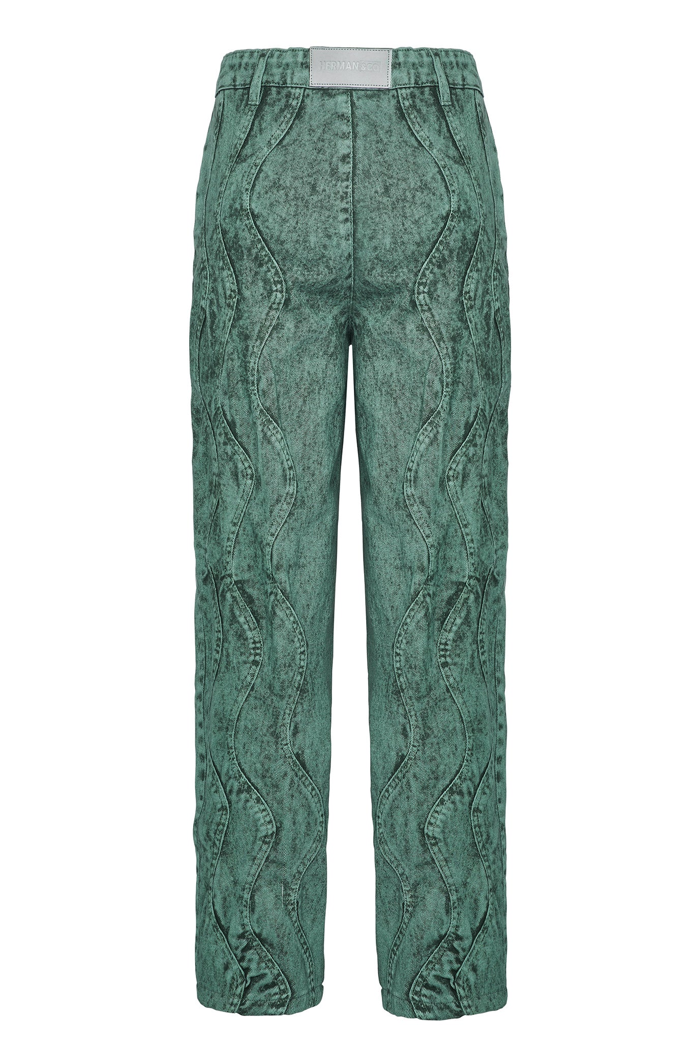 Back view of the green acid wash tapered baggy jeans laid flat.