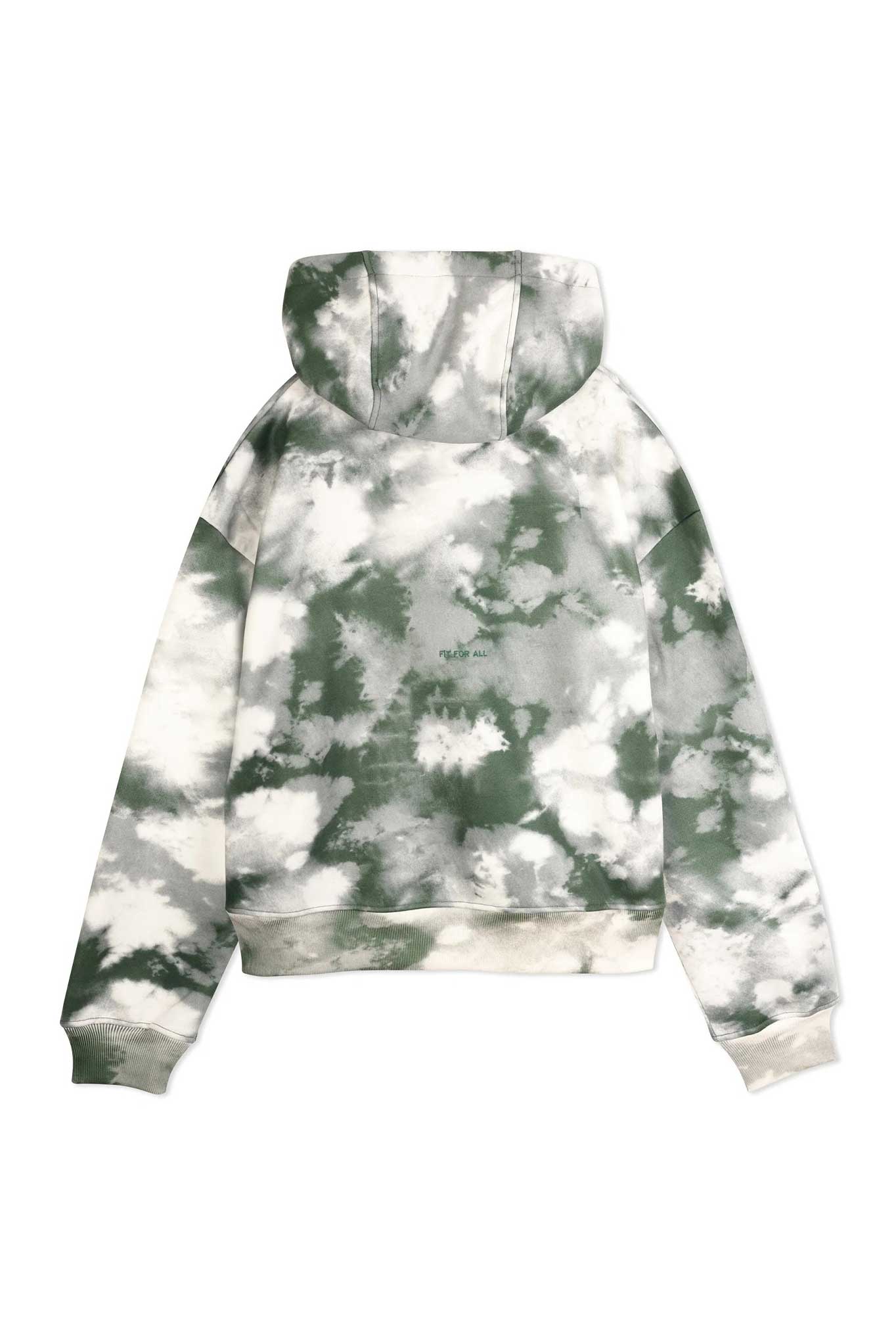 Back flat lay view of comfortable mens tie dye hoodie in green abstract print