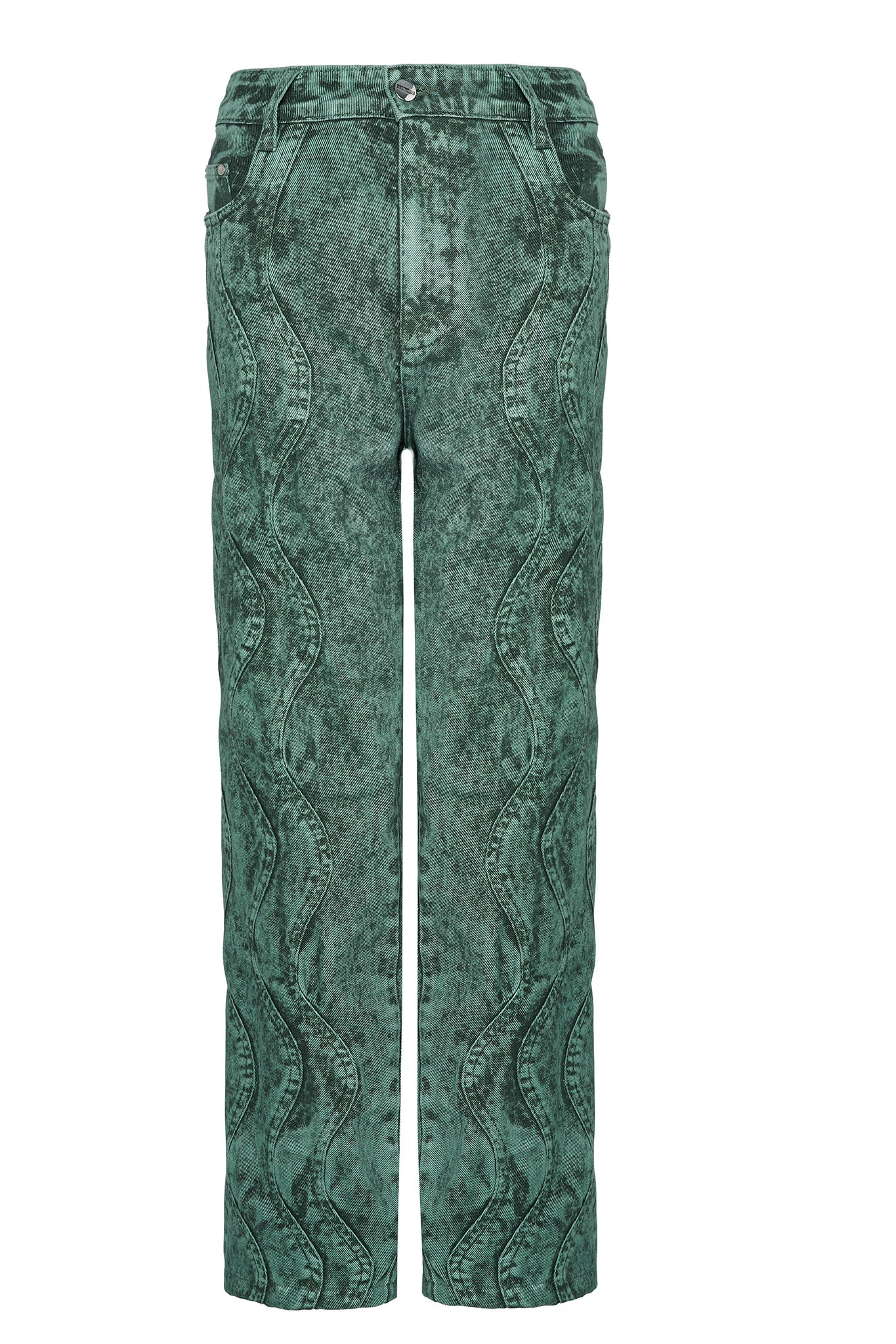 Front view of the high-rise baggy green jeans laid flat.