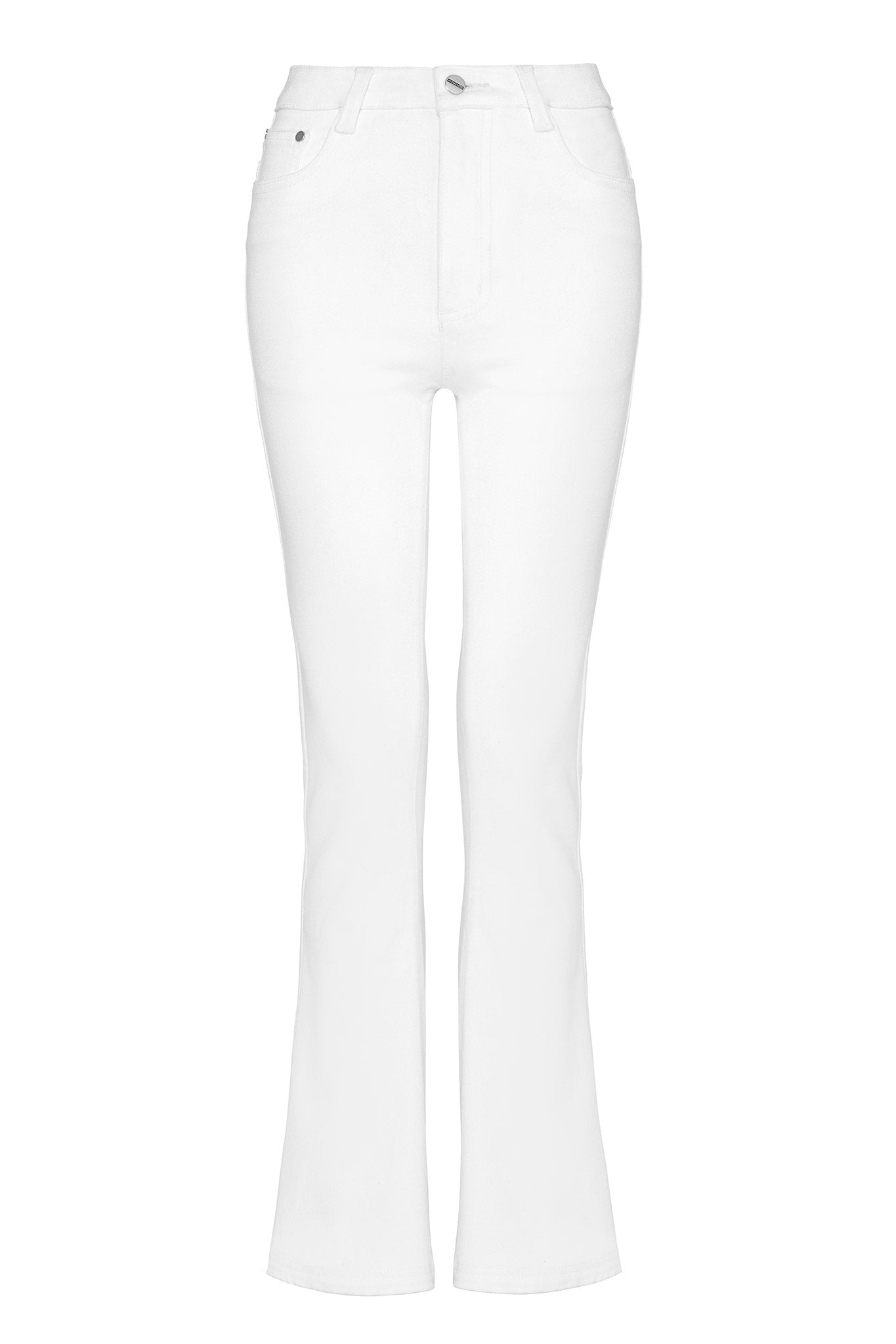 Front view of the high-waisted white flare jeans laid flat.