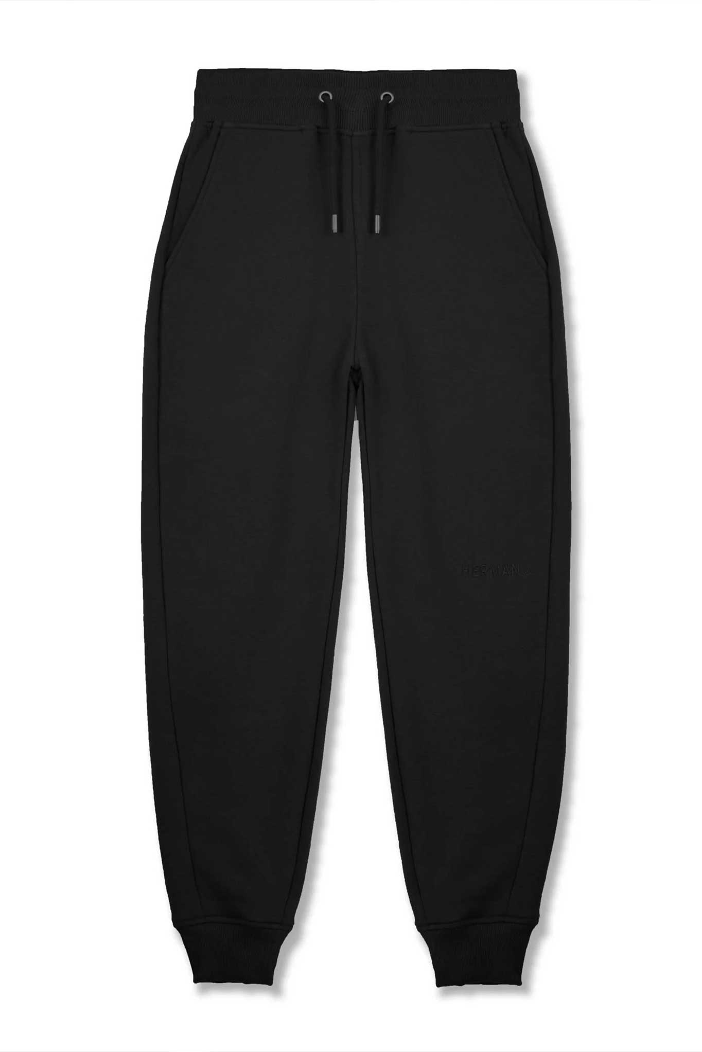 Front view of the men's black tapered joggers laid flat