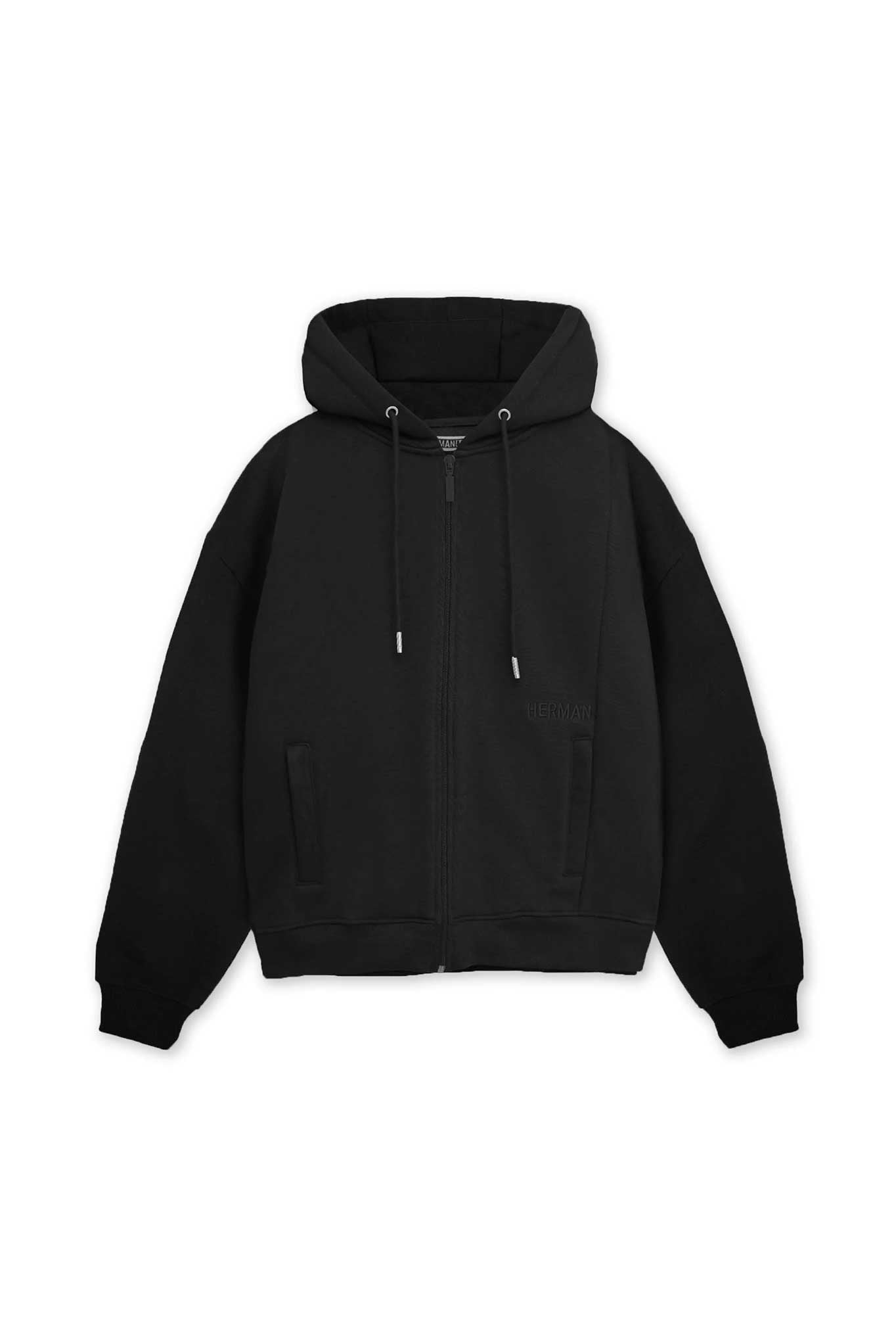 Flat lay front view of essential mens black zip up hoodie