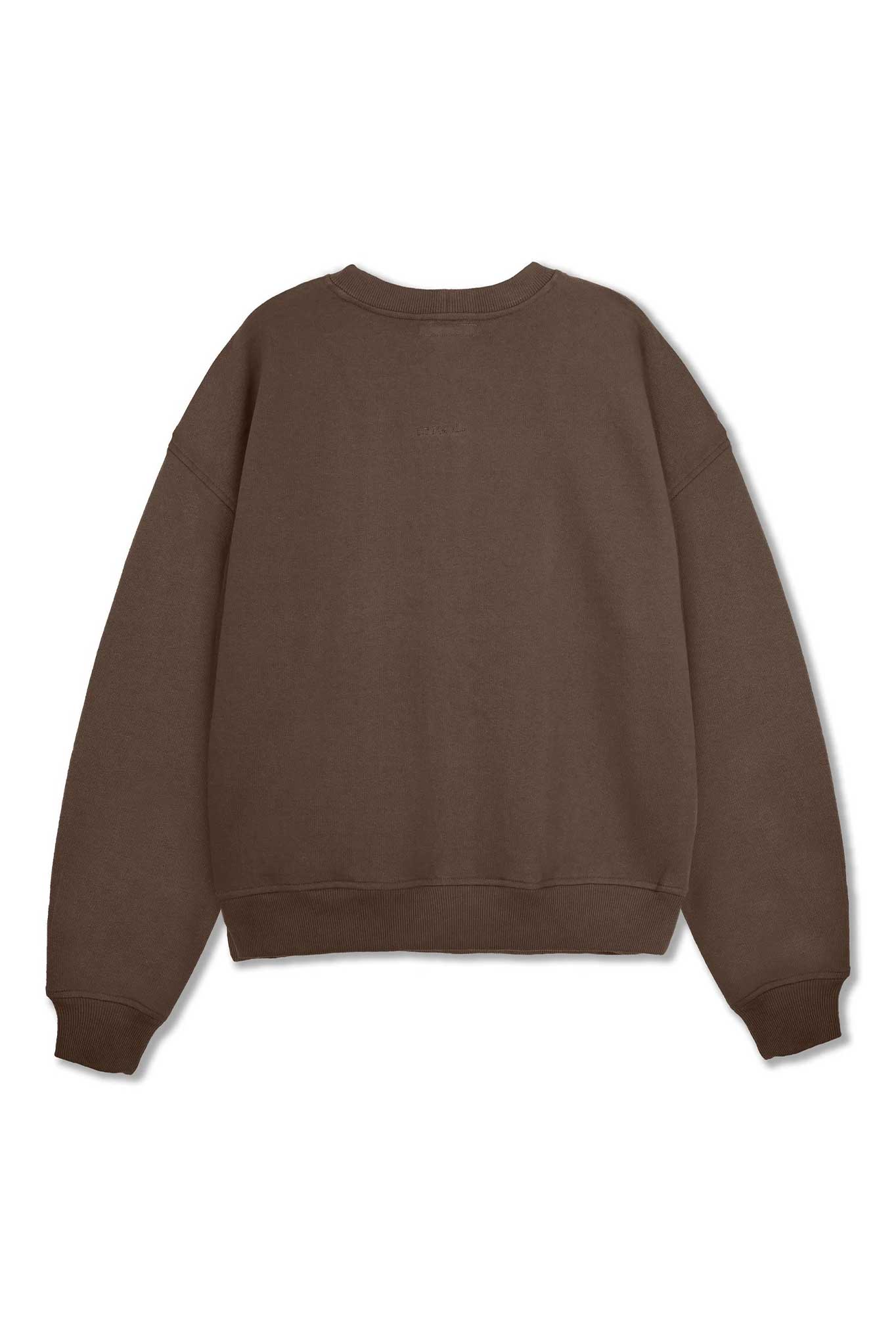 Front view of the men's brown crew neck jumper laid flat.