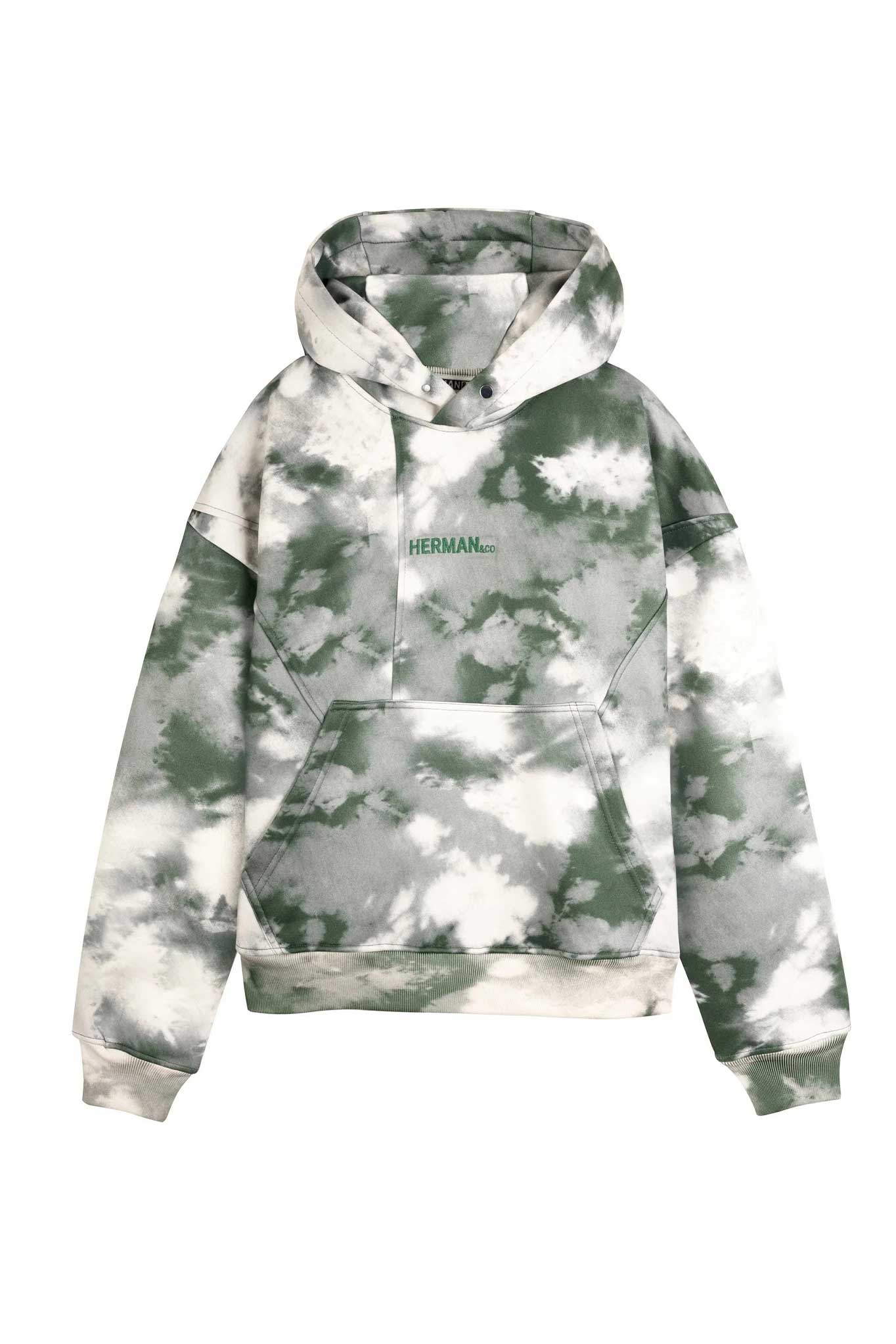 Flat lay front view of essential mens tie dye hoodie in dark green