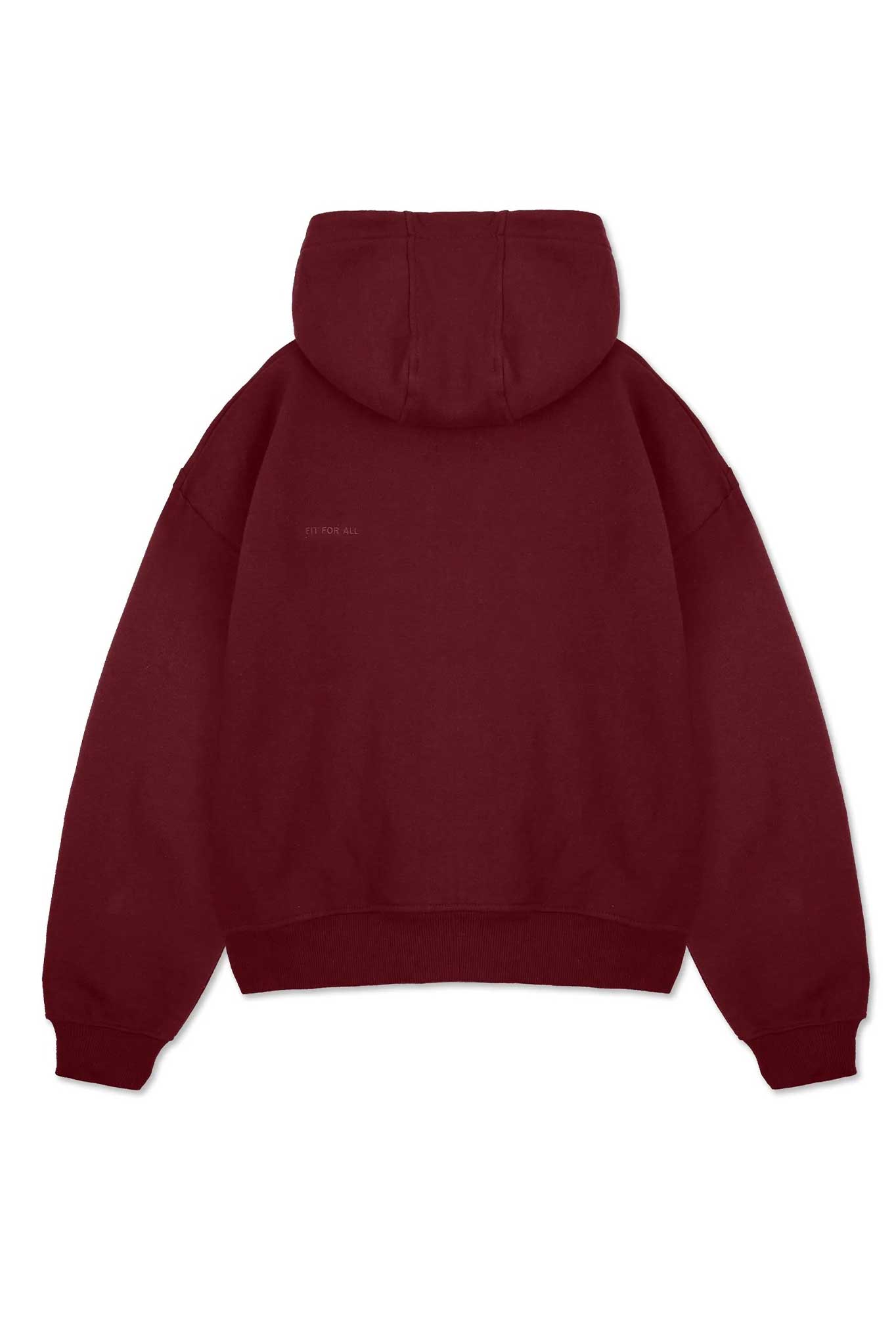 Back view of the men's maroon zip-up hoodie laid flat