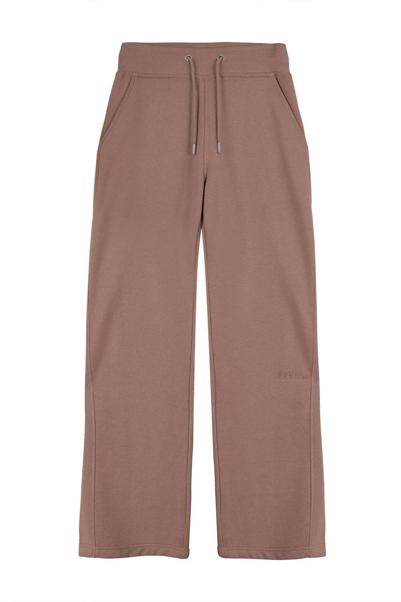 Front view of the men's wide-leg joggers in brown laid flat.