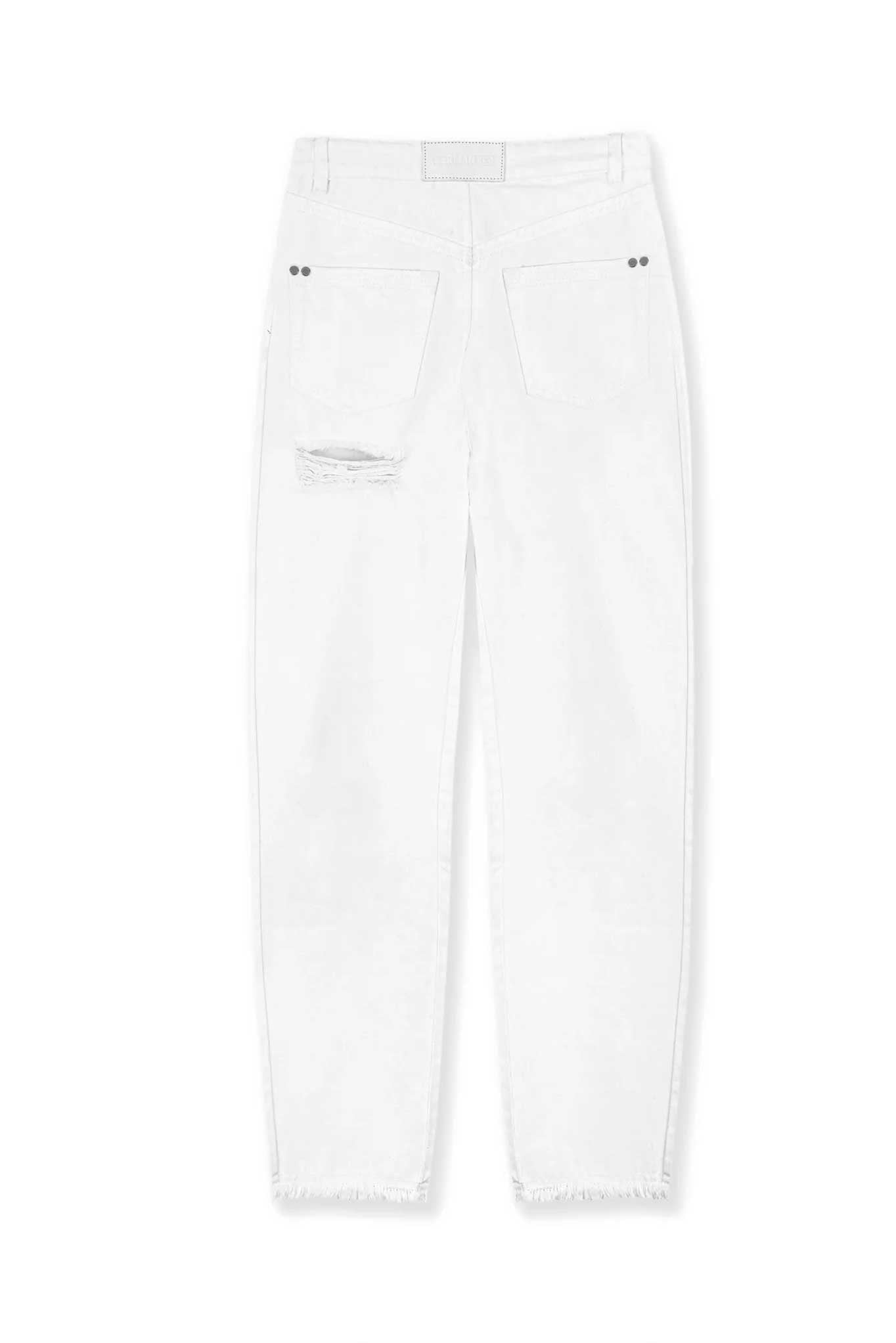 Back view of the women's off-white distressed tapered jeans, laid flat.