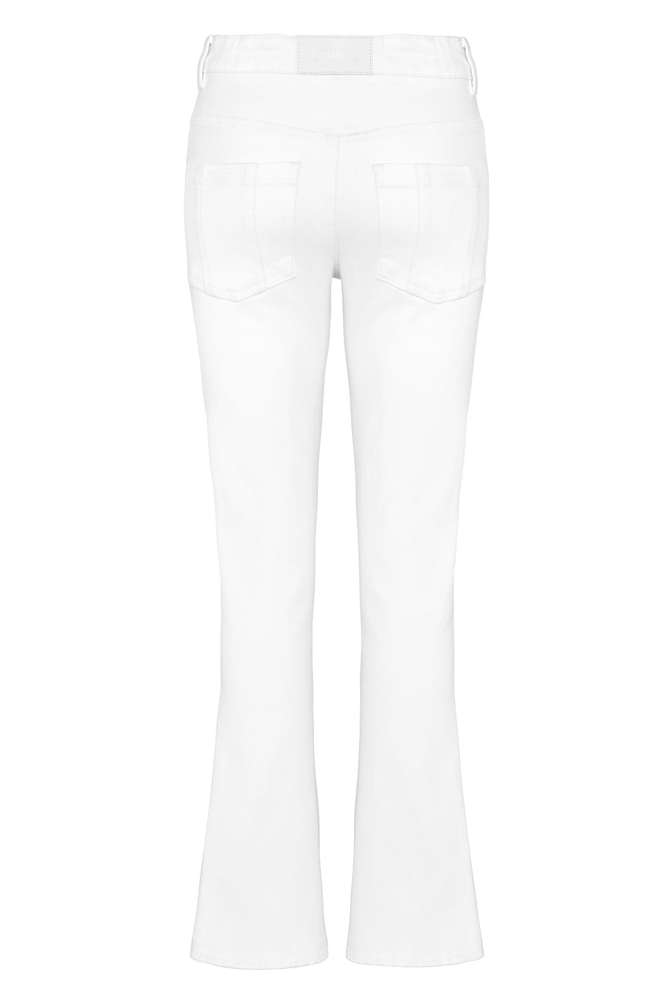 Back view of the white high-waisted flared jeans laid flat.