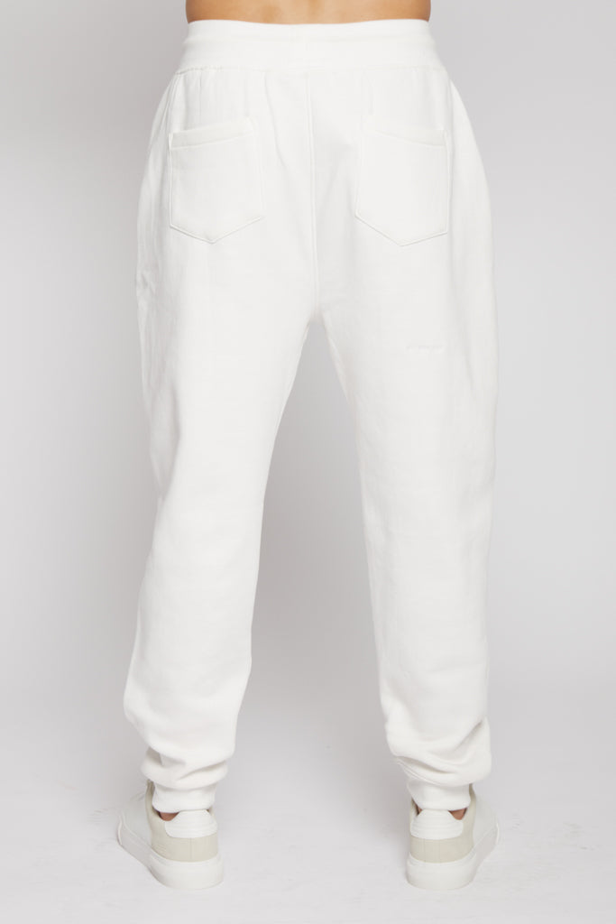 Back view of the men's white tapered joggers.