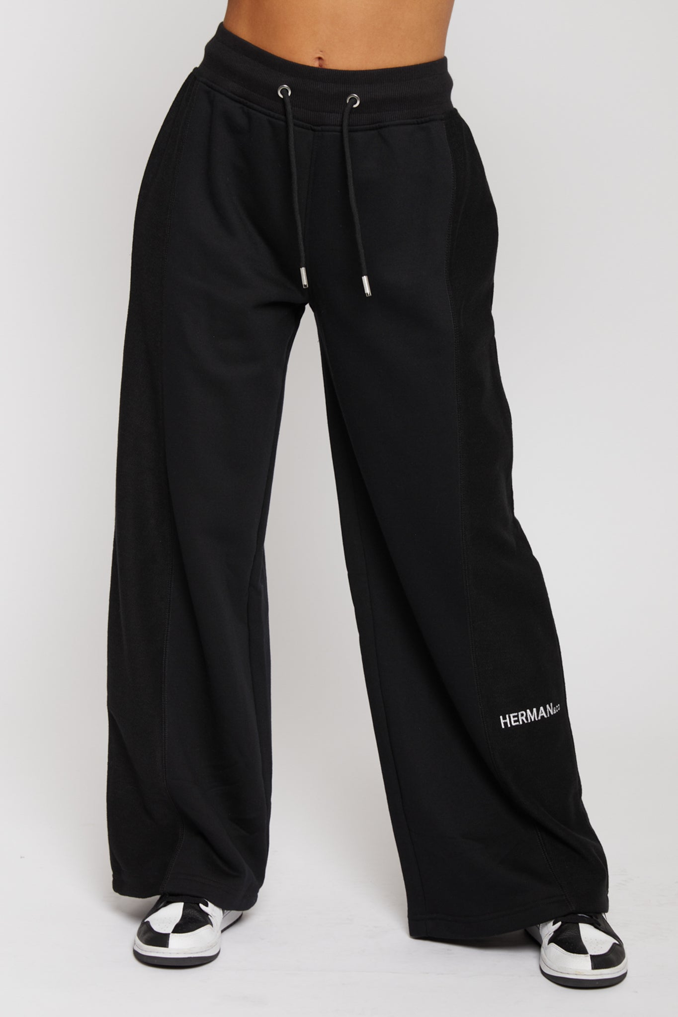 Close up of the drawstring waist on comfortable wide joggers for women