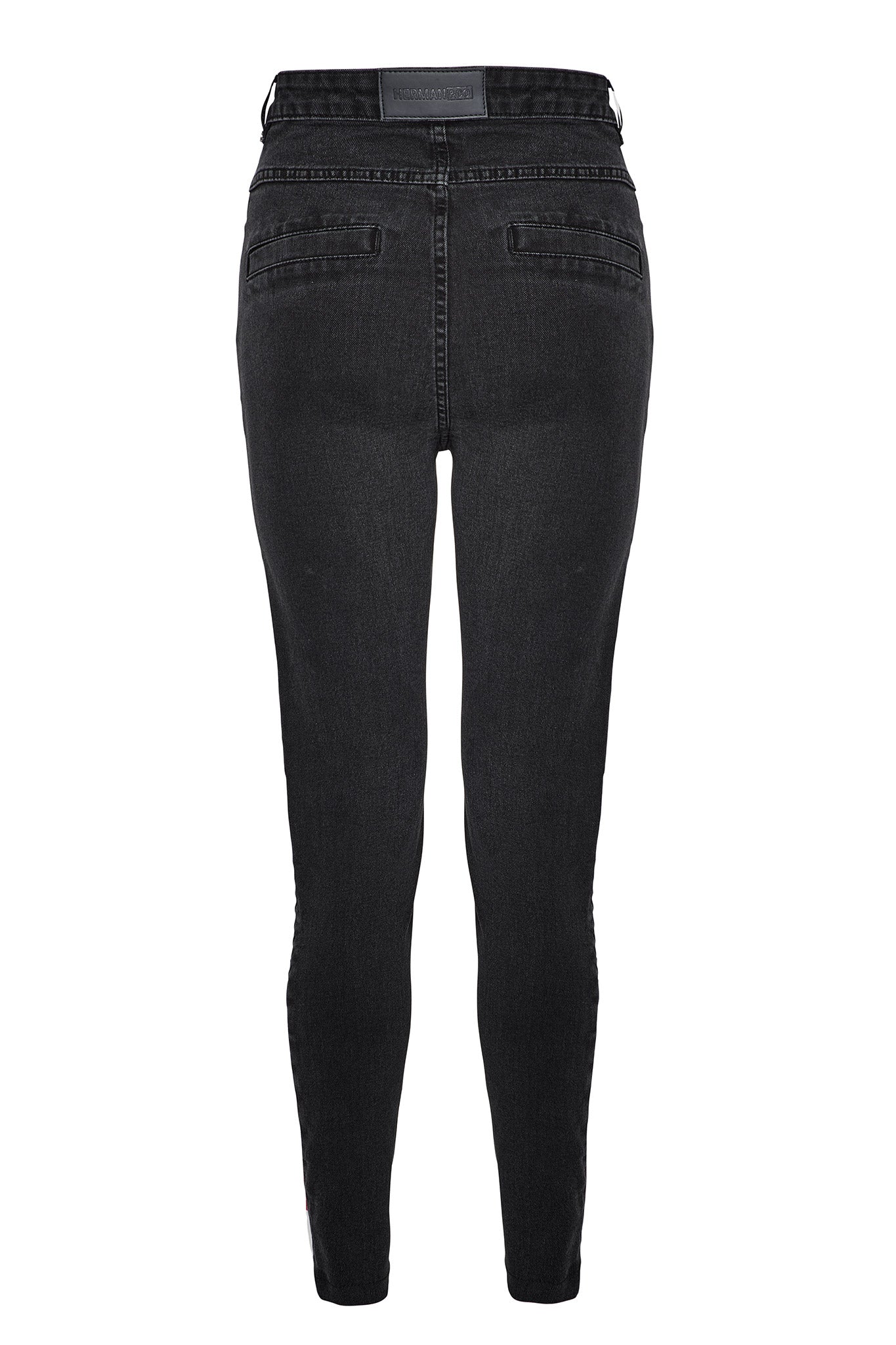 Back view of the women's black biker jeans laid flat.