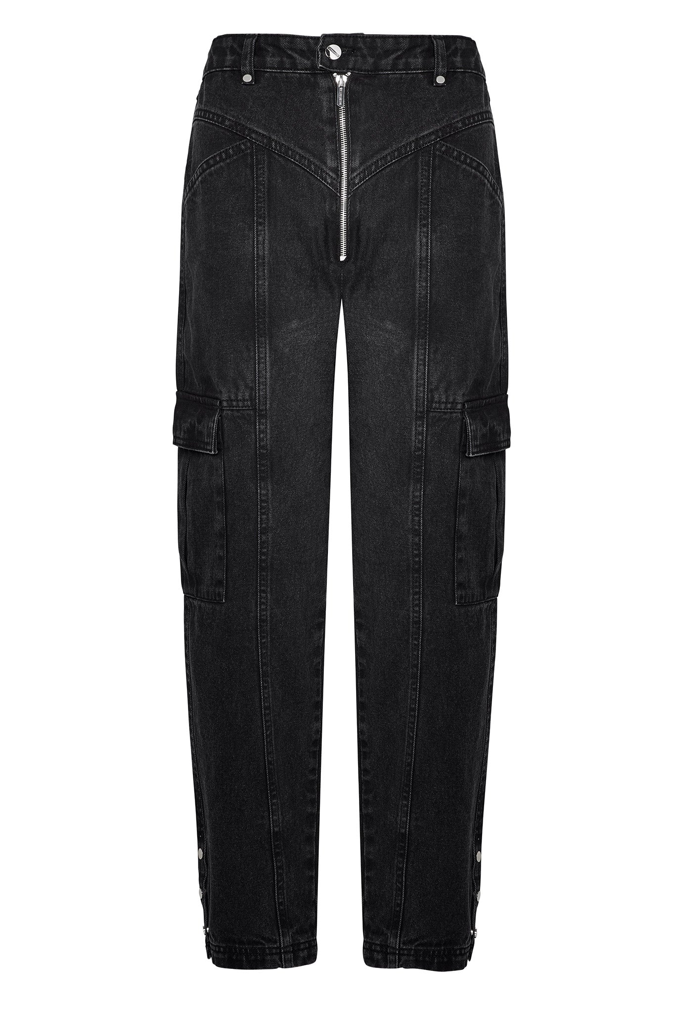 Front view of the women's cargo zip front jeans laid flat.