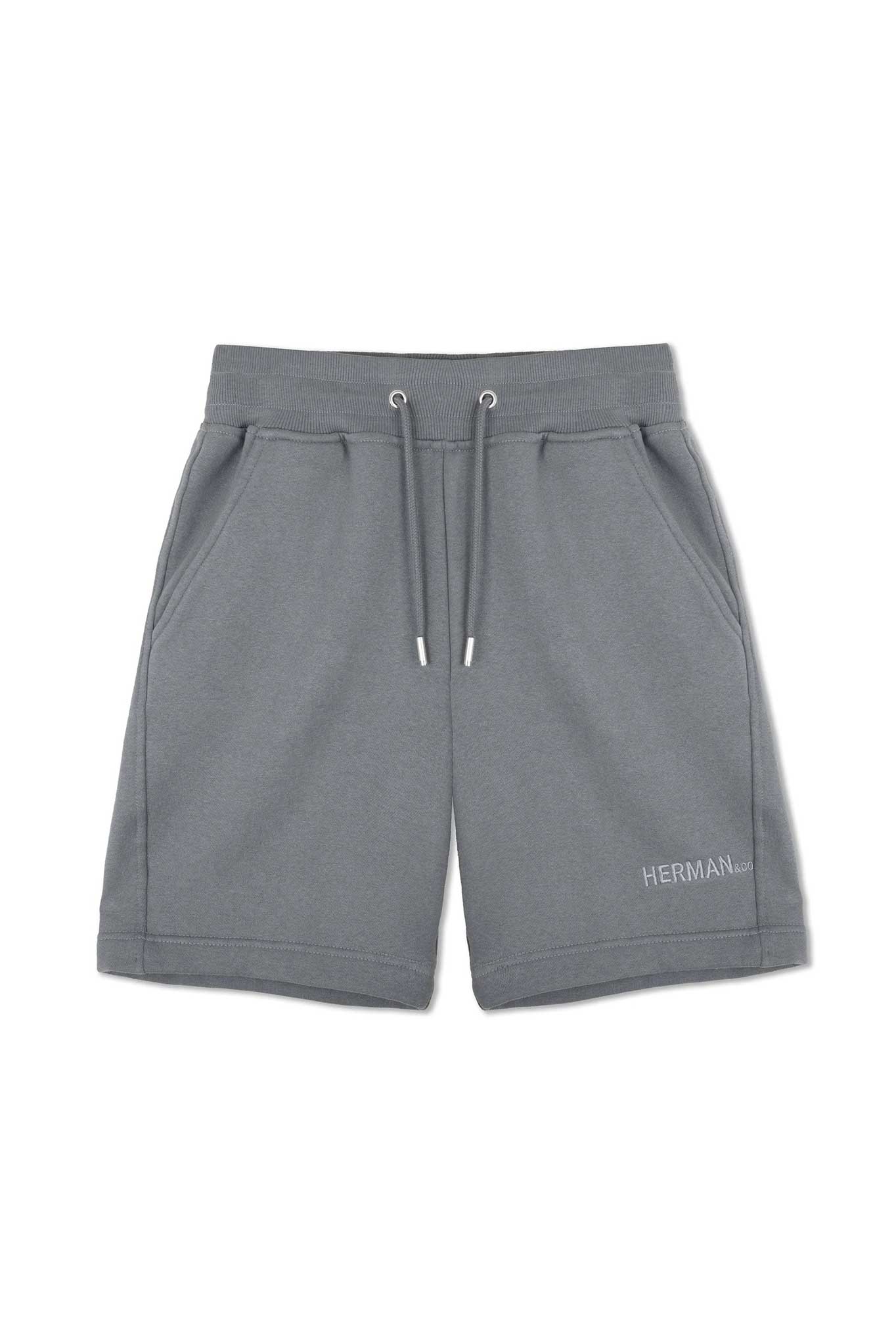 Flat lay front view of essential womens fleece shorts in cool grey