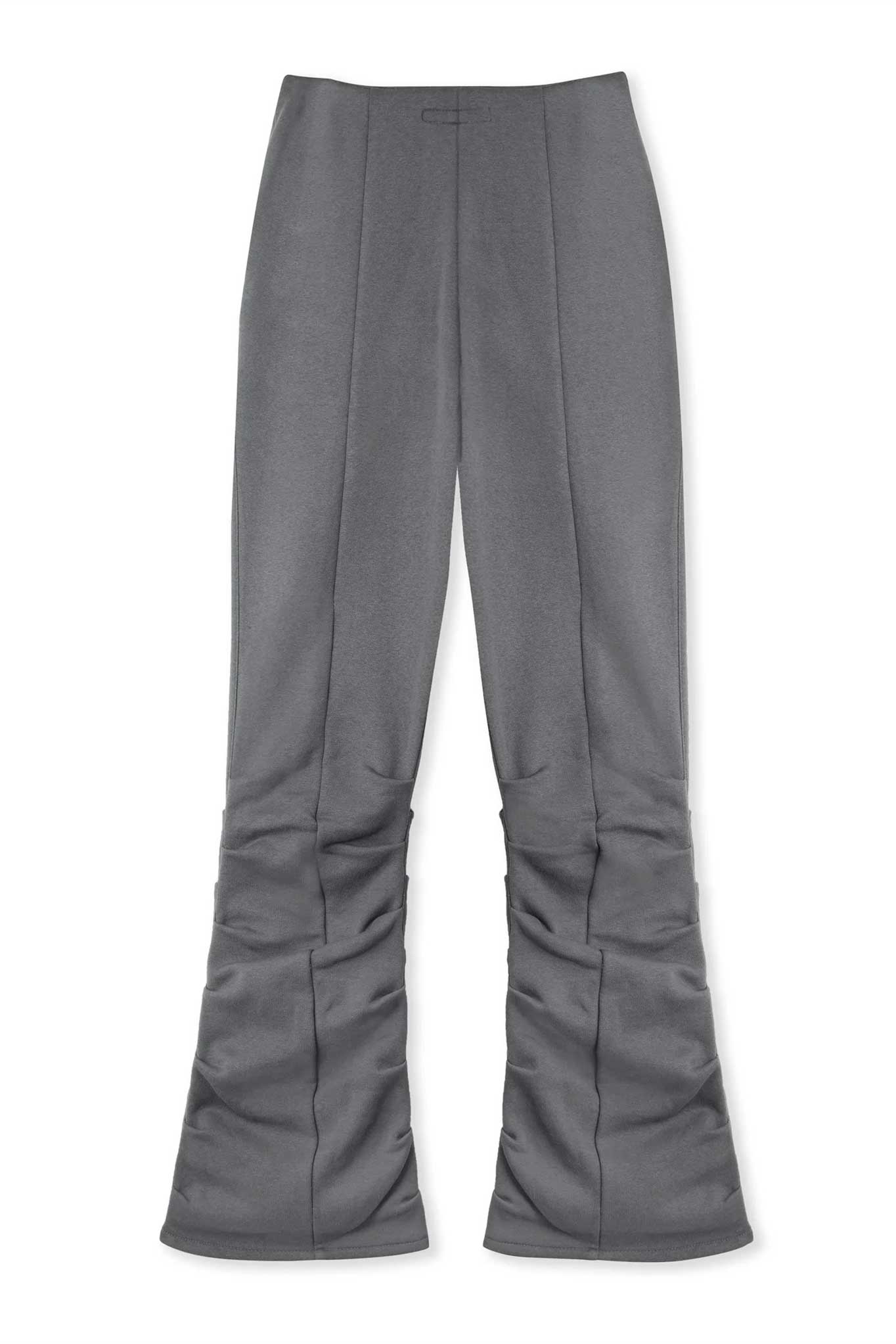 Back flat lay view of comfortable grey ruched joggers for women
