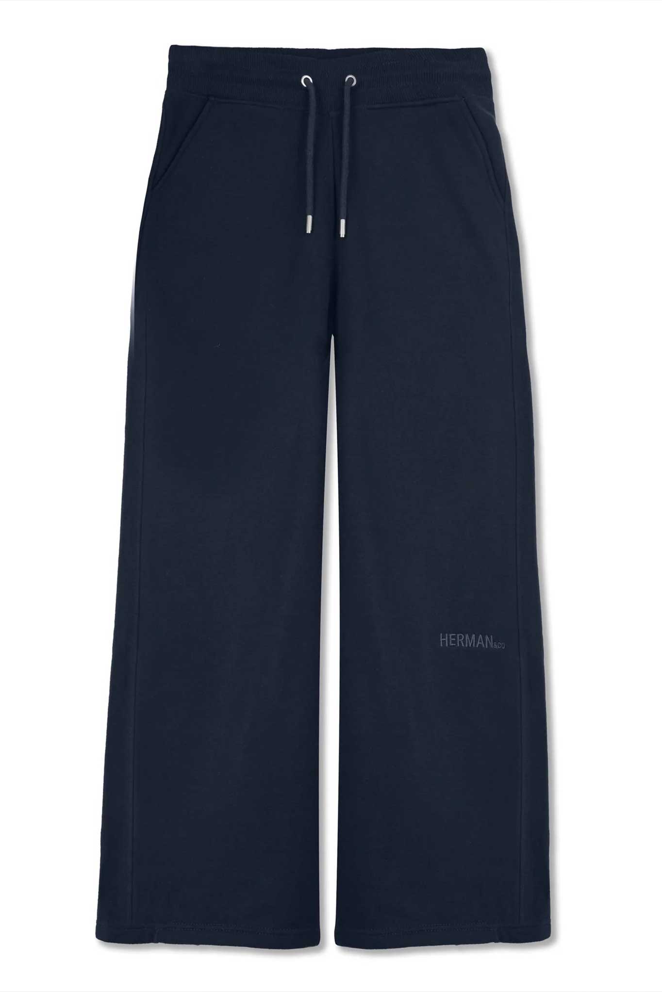 Front view of the women's navy wide-leg joggers laid flat.