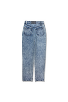 Back view of the acid wash straight leg jeans laid flat.