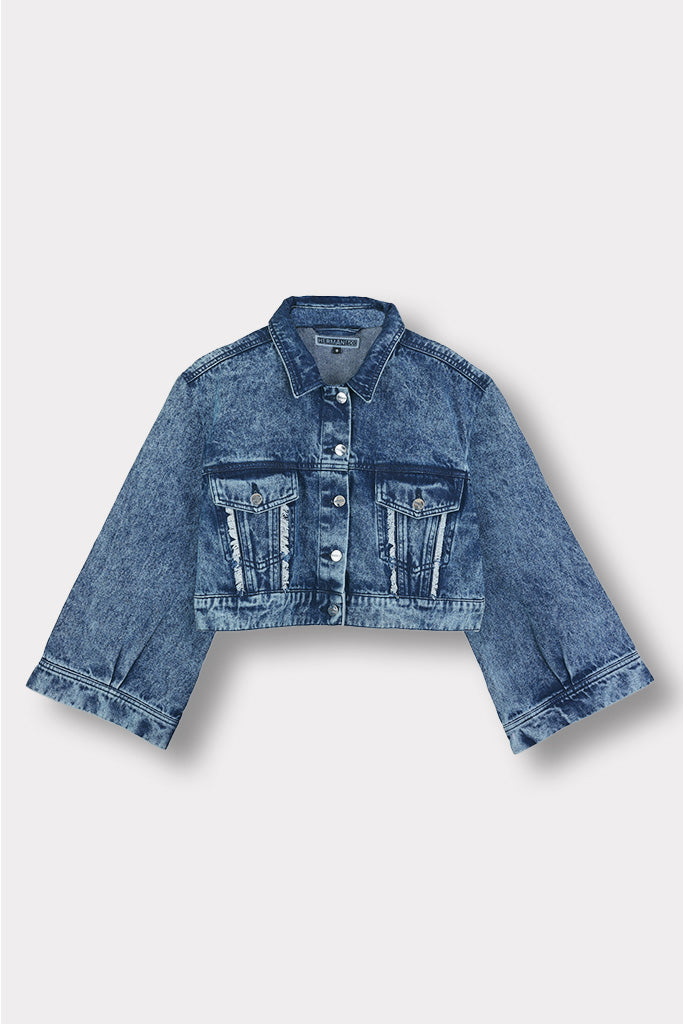 Front view of the women's acid wash cropped denim jacket with wide sleeves, laid flat.