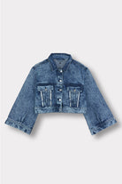 Front view of the women's acid wash cropped denim jacket with wide sleeves, laid flat.