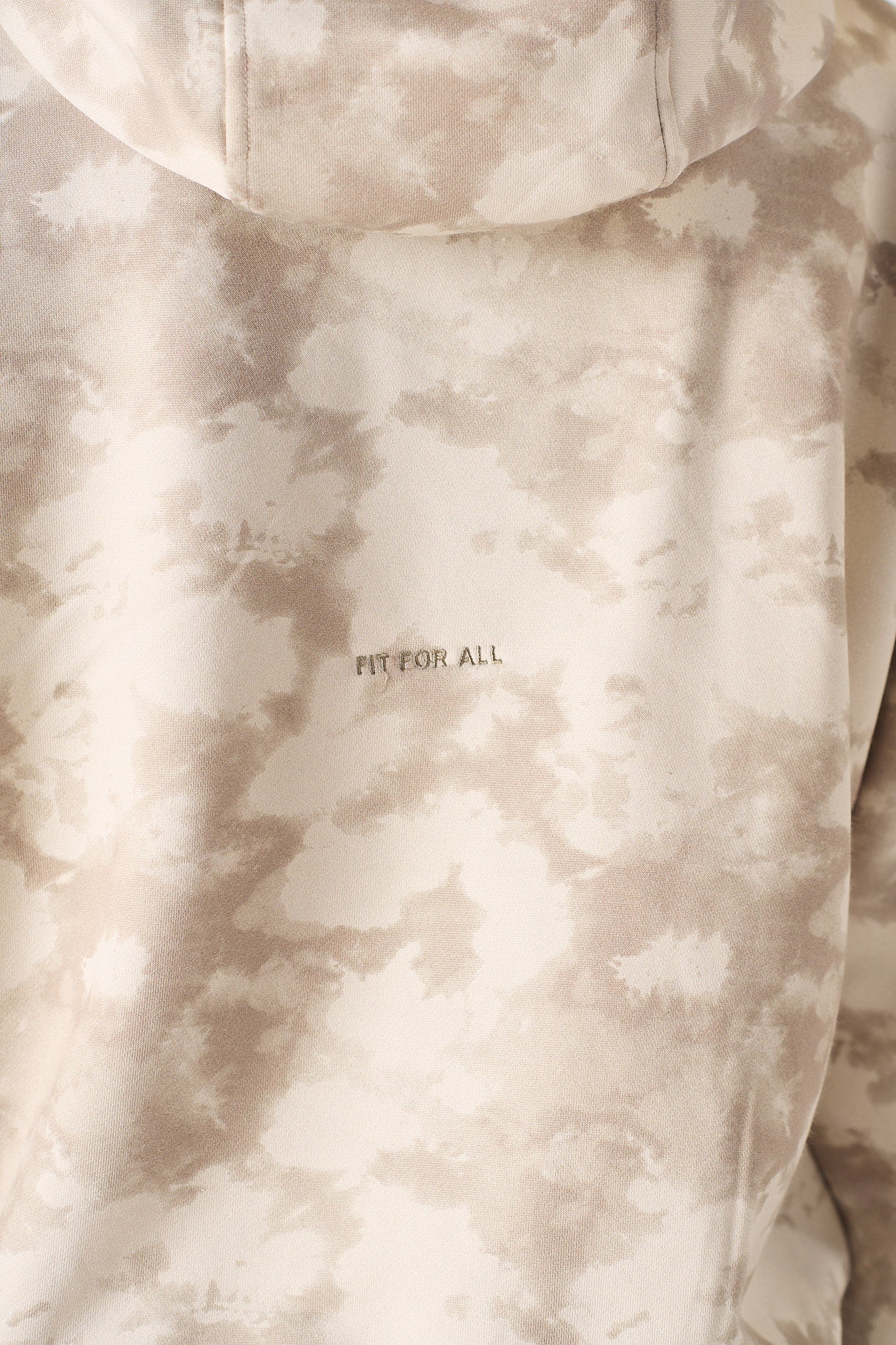 Rear close up view showing the hood structure on womens beige sweatshirt