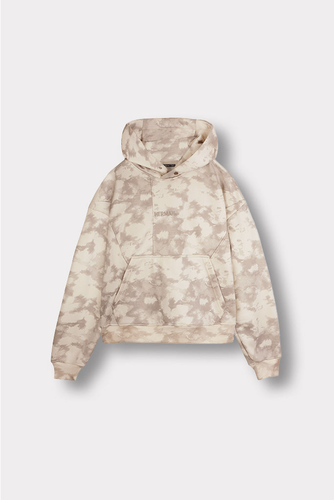 Back flat lay view of comfortable womens beige tie dye hoodie abstract print